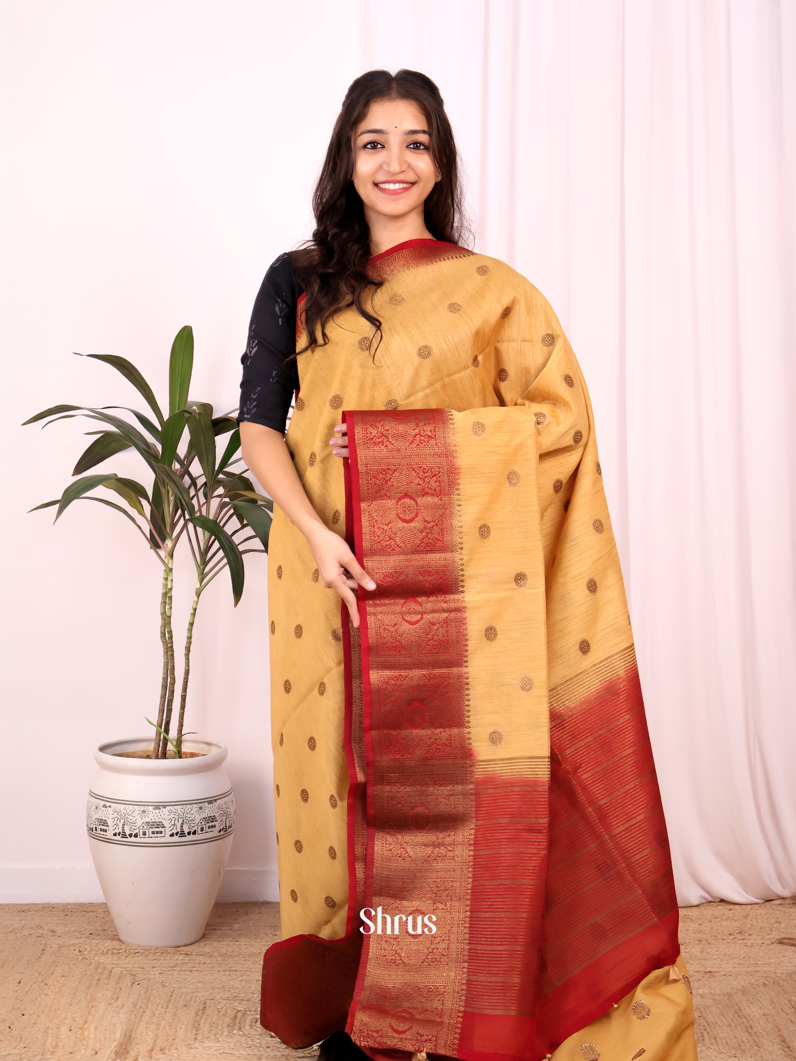 Beige &  Maroon-  Semi Jute Saree