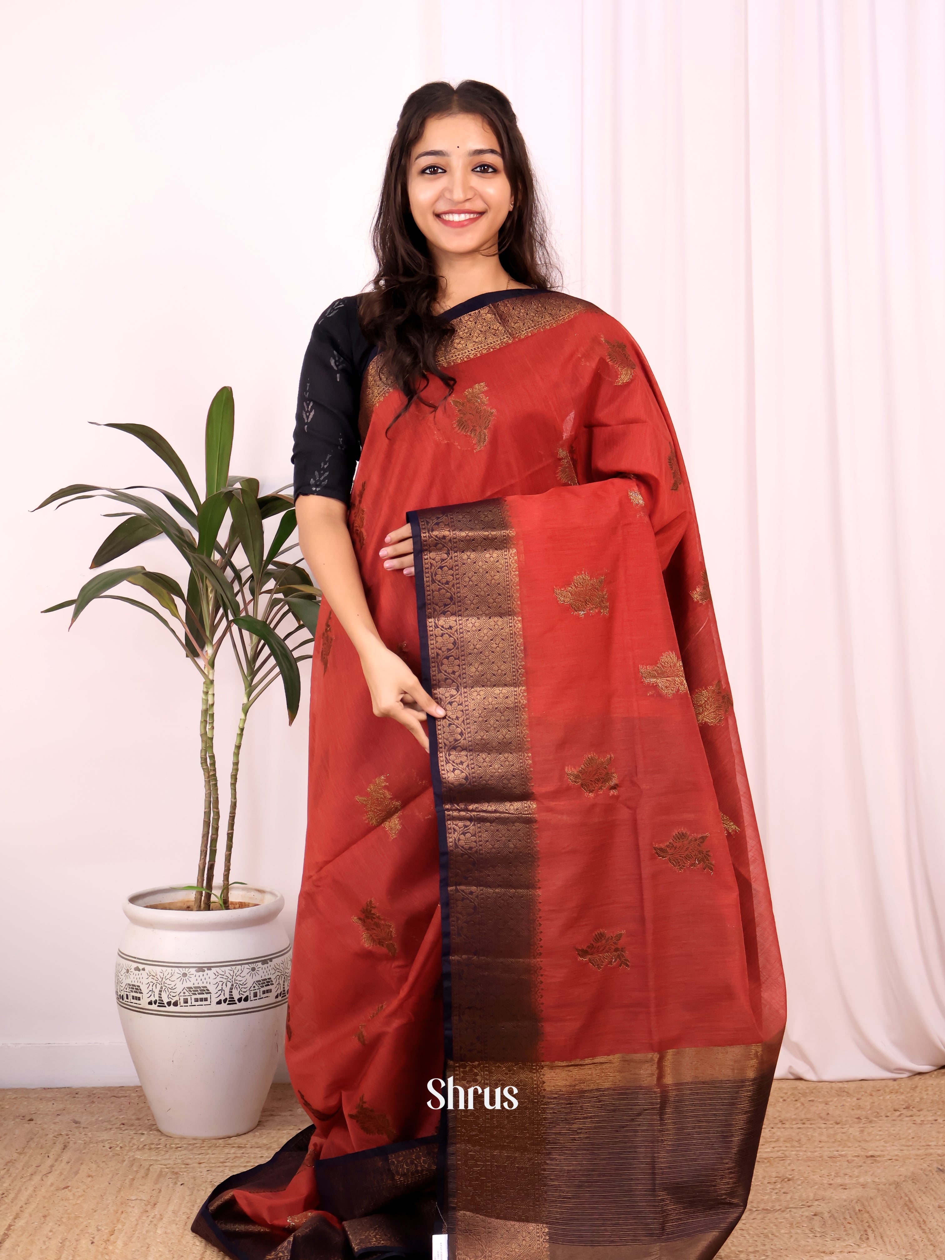 Red & Brown- Semi Jute Saree - Shop on Shrus.com