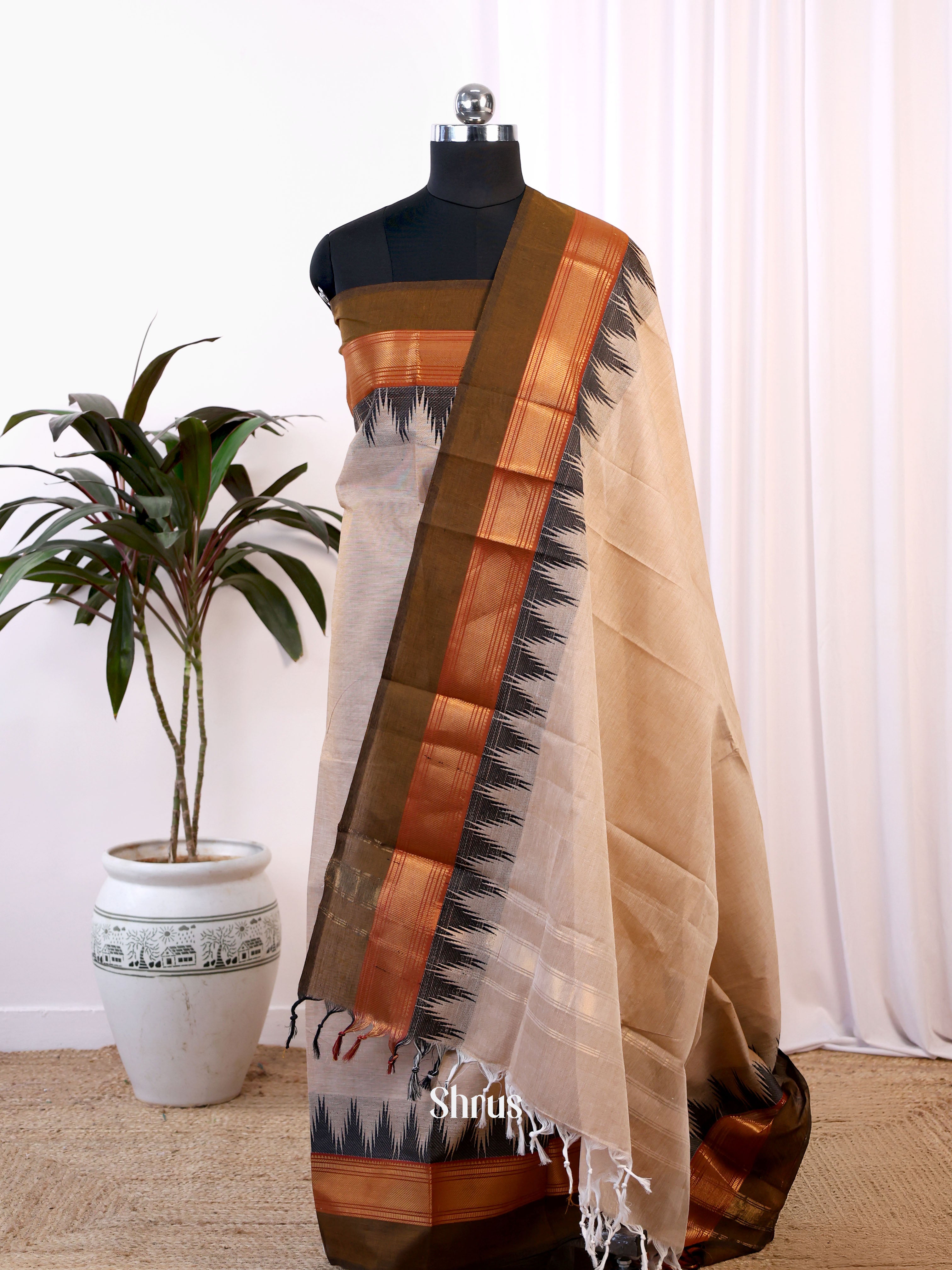 Cream & Green - chettinad top & dupatta combo