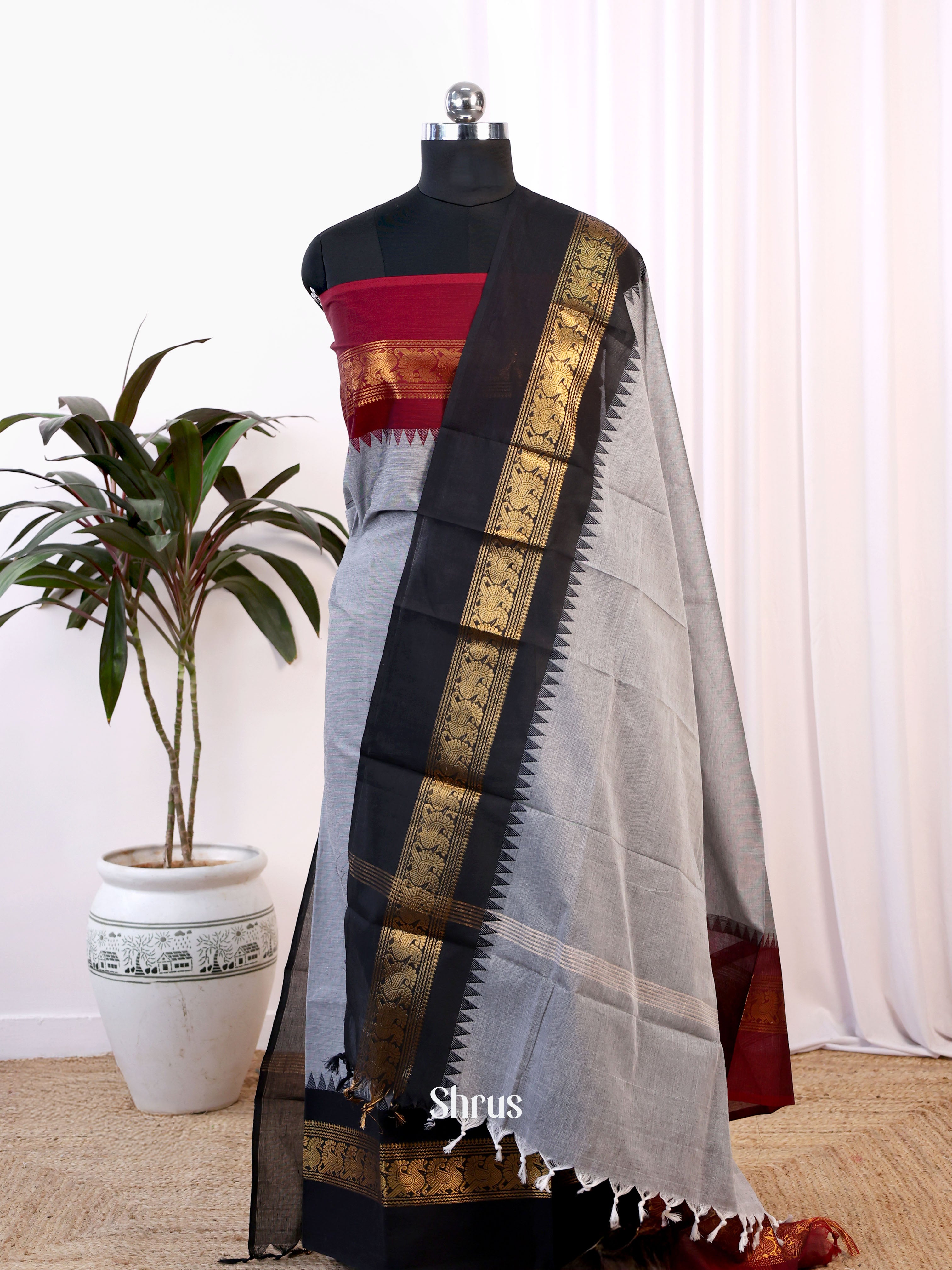 Grey & Black - chettinad top & dupatta combo