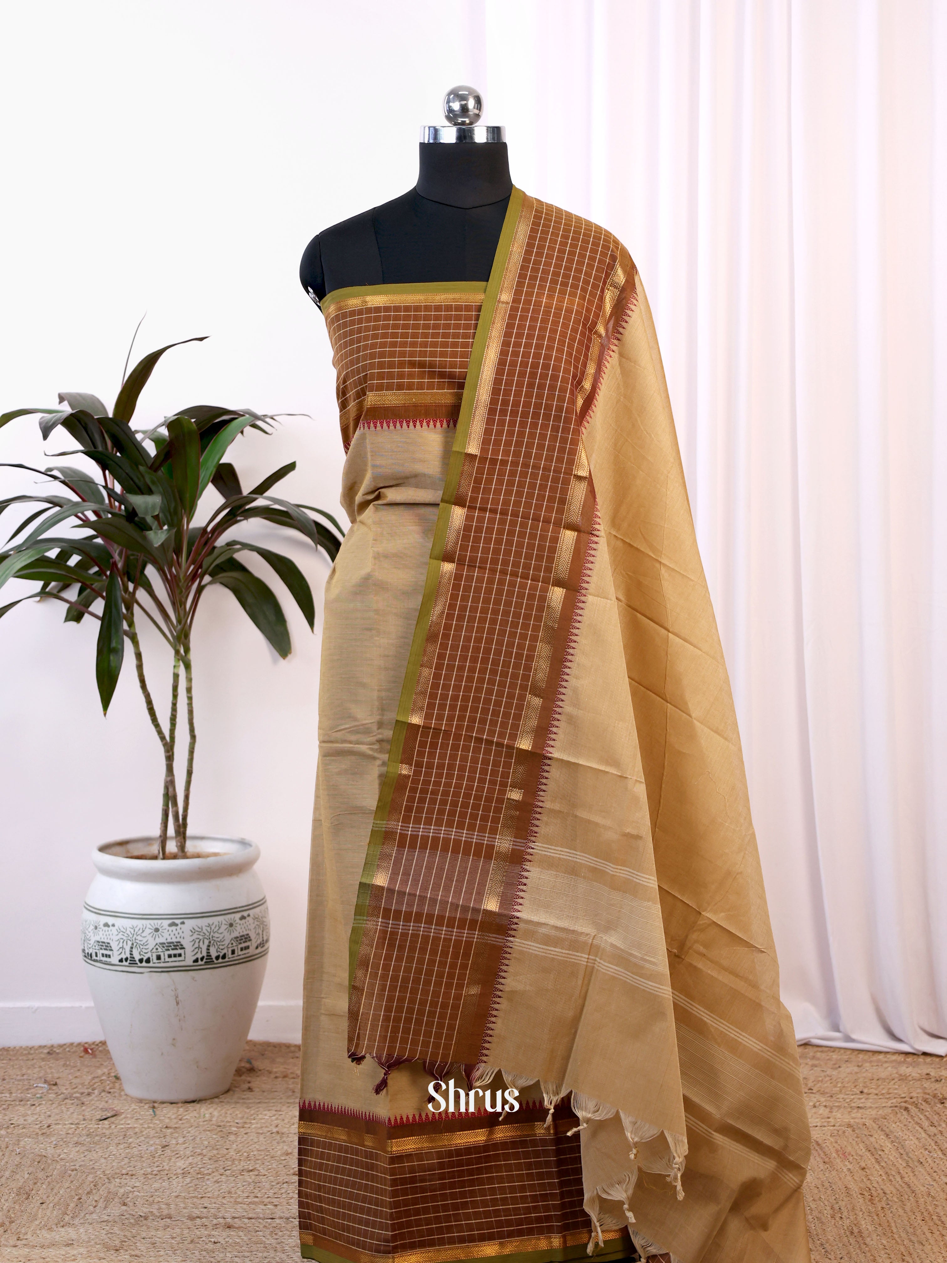 Cream & Brown - Chettinad Cotton Top & Dupatta