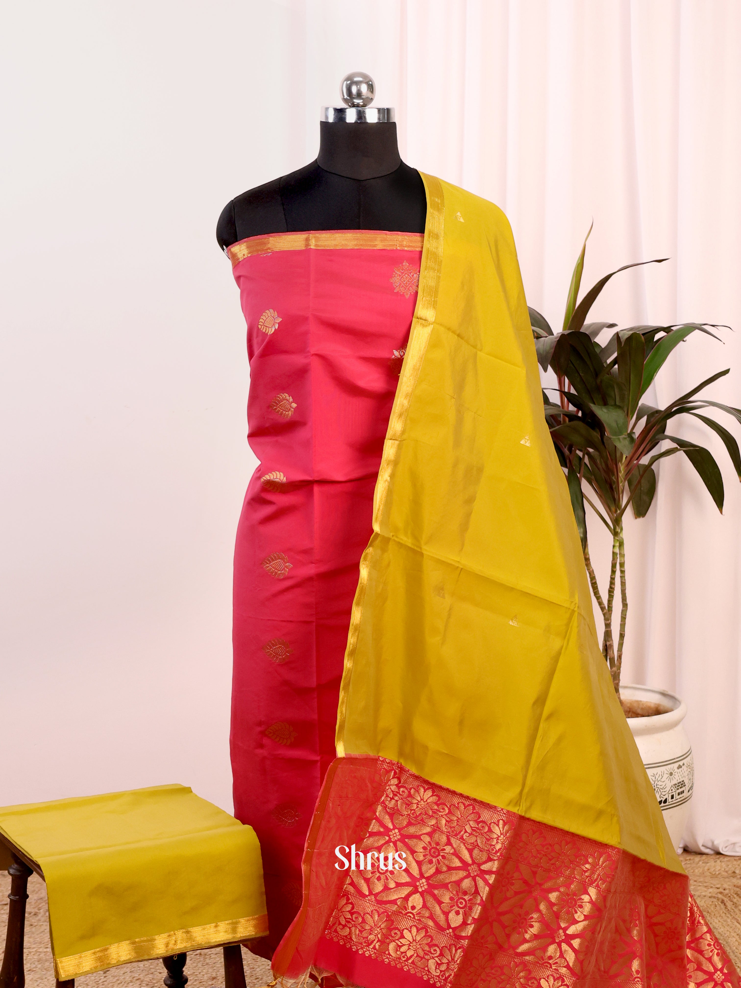 Reddish Pink & Green- semi softsilk salwar