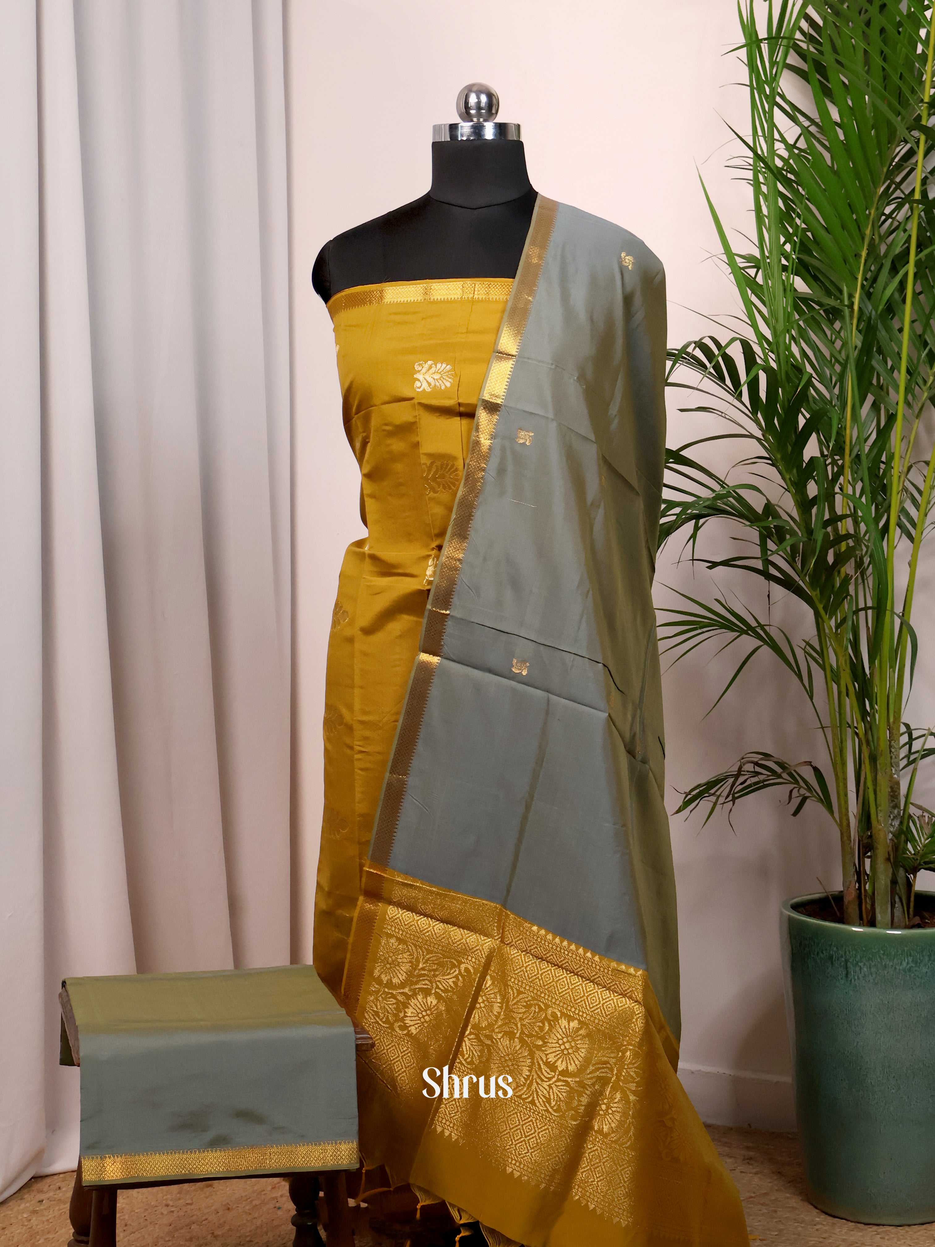 Mustardy Green & Grey - semi softsilk salwar