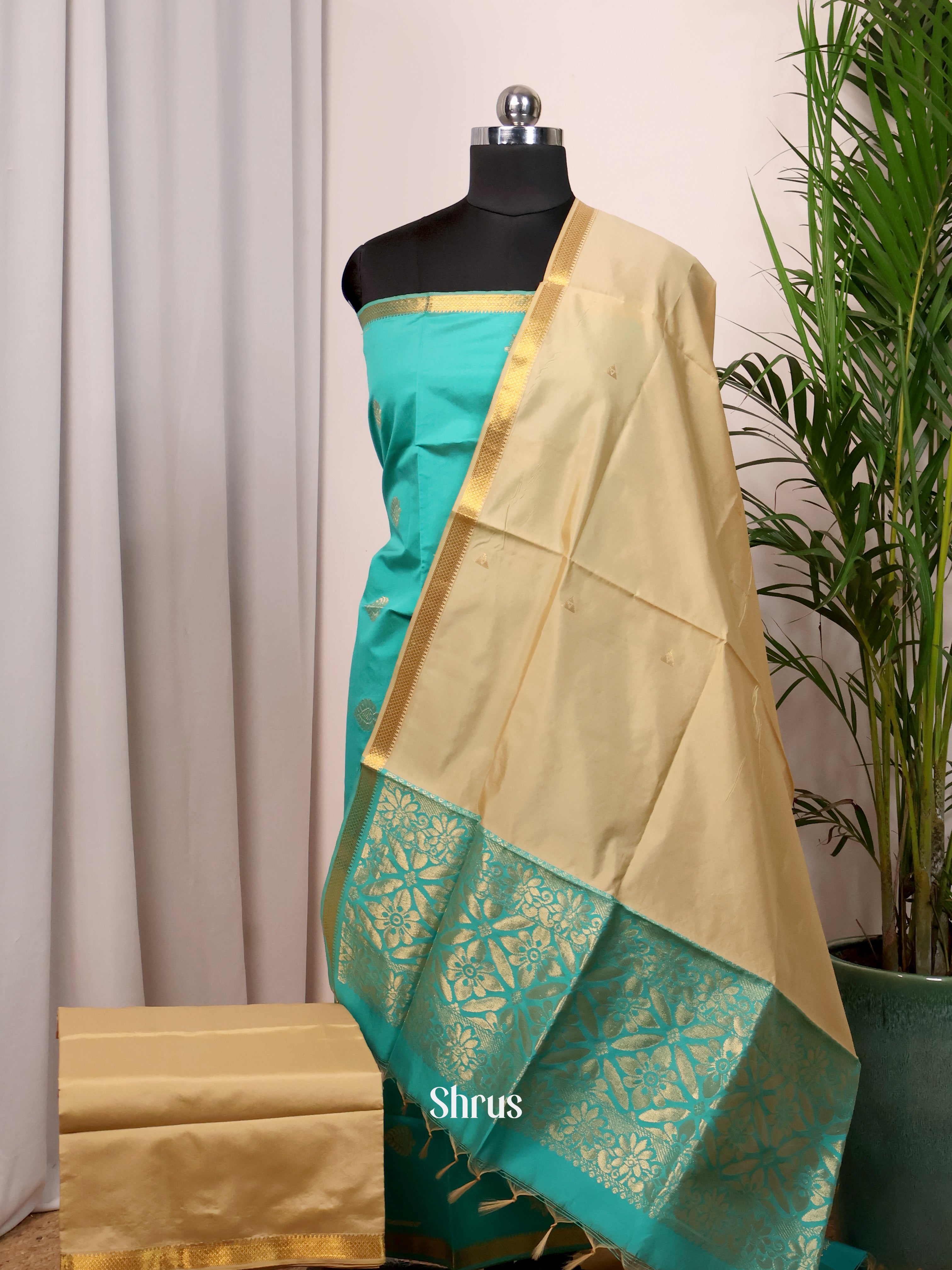 Teal & Gold- semi softsilk salwar