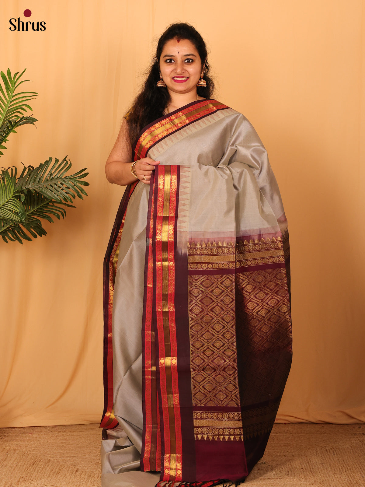Grey & Brown - Silk Cotton Saree - Shop on Shrus.com