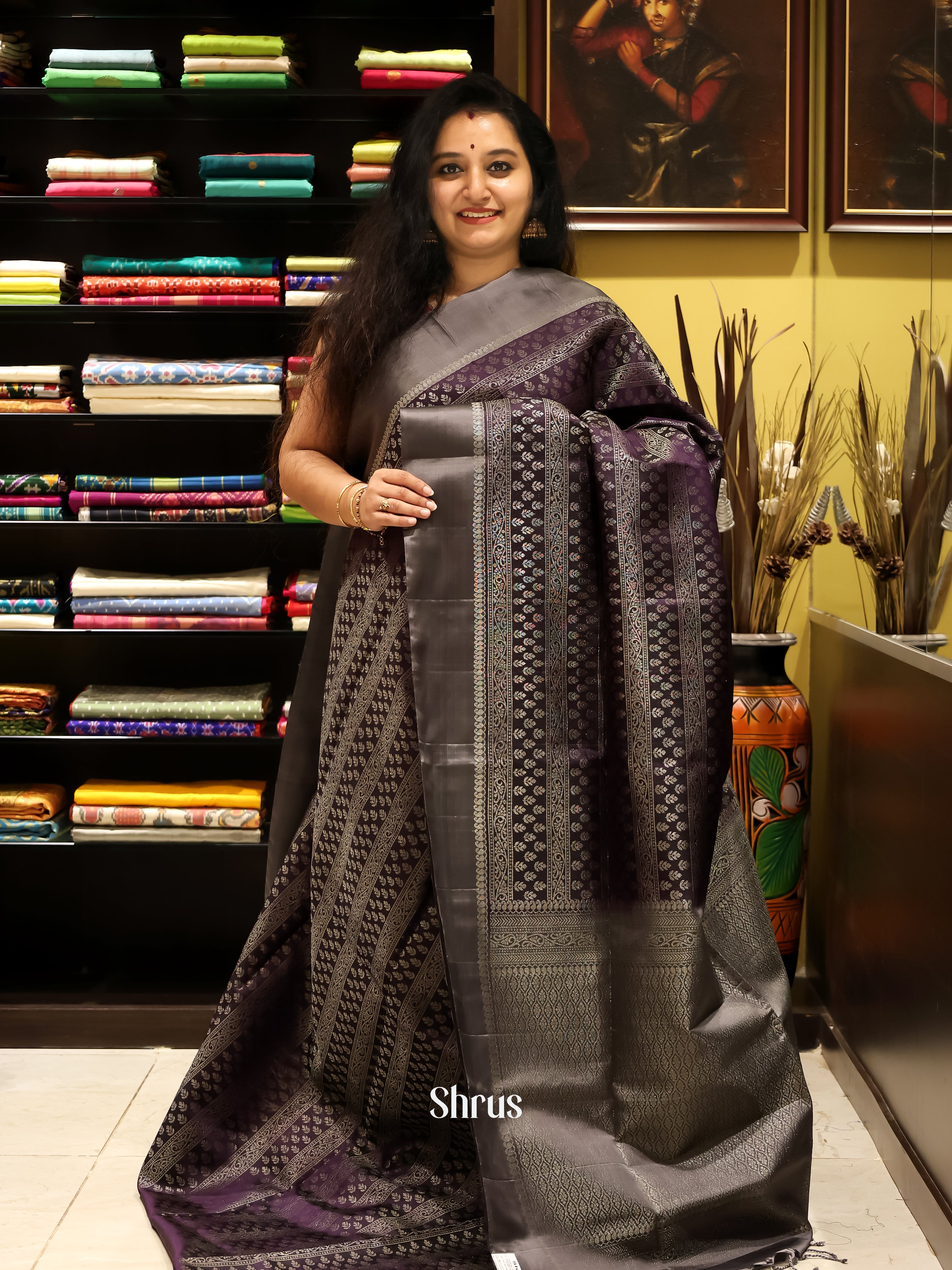 Dark Purple & Grey - Soft silk Saree