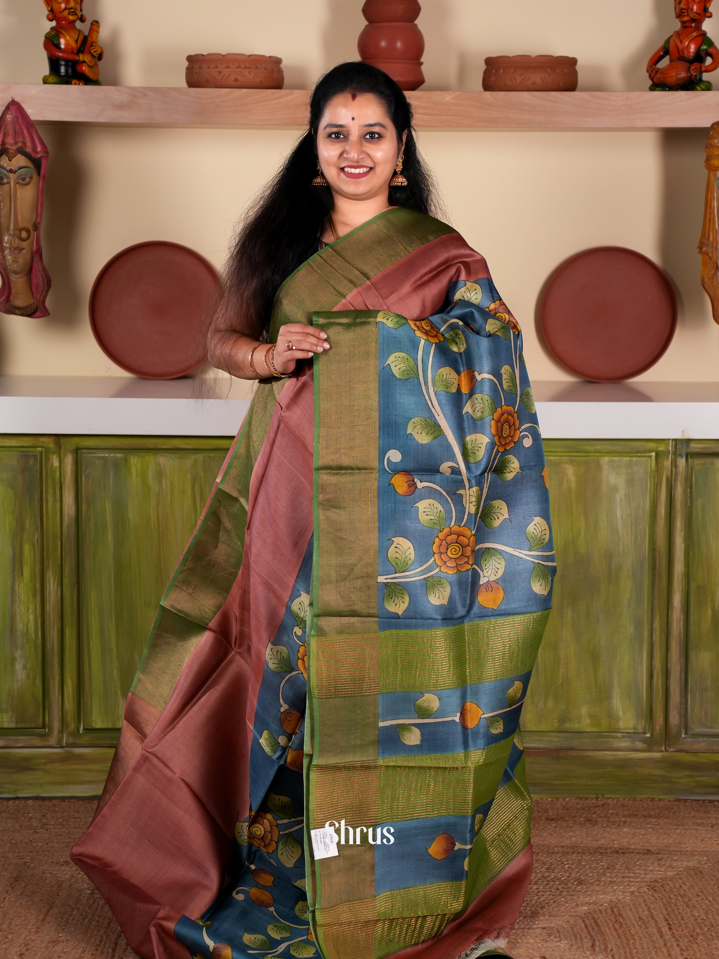 Brown & Blue - Tussar Saree