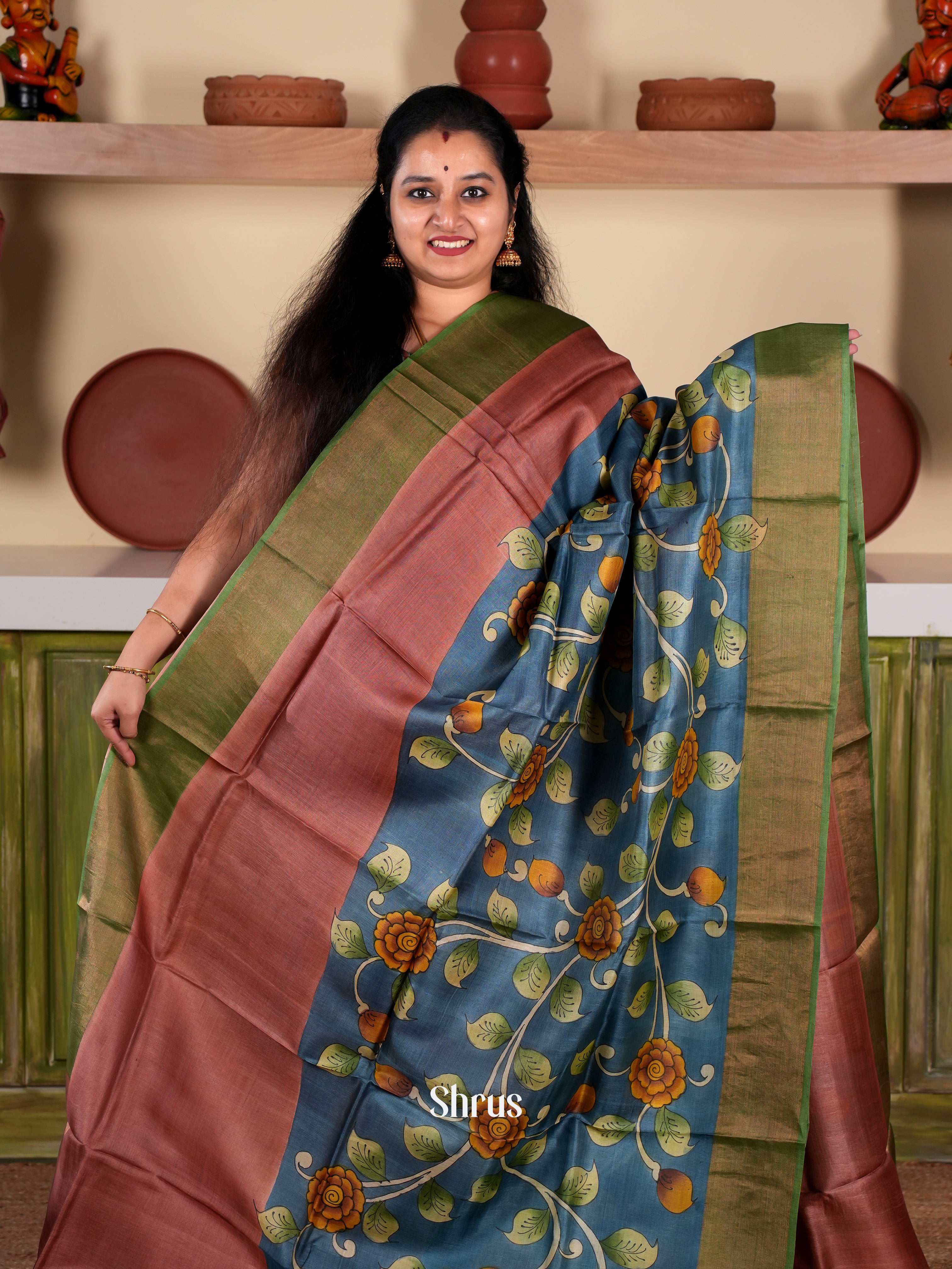 Brown & Blue - Tussar Saree