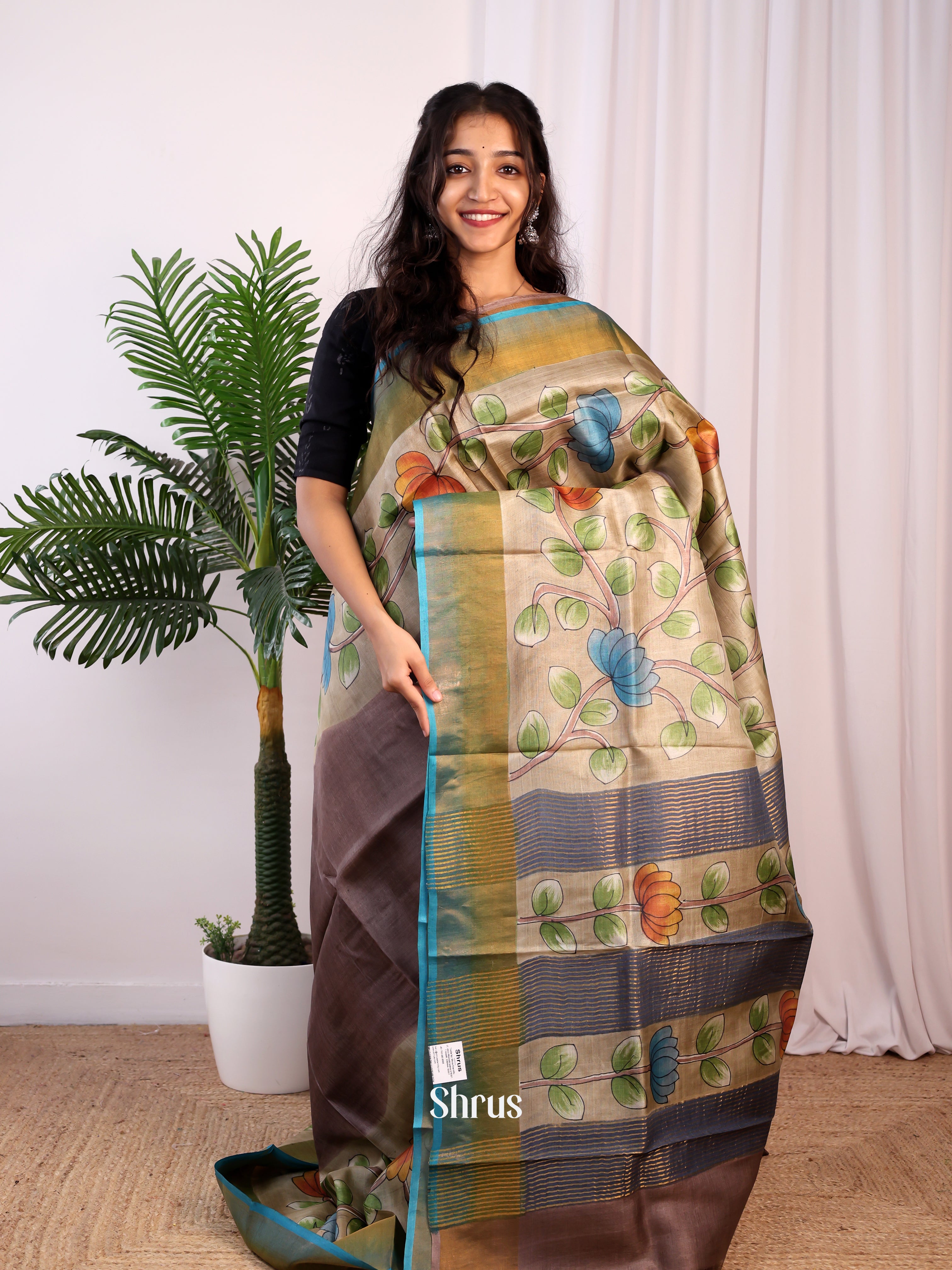 Brown & Blue- Tussar Saree