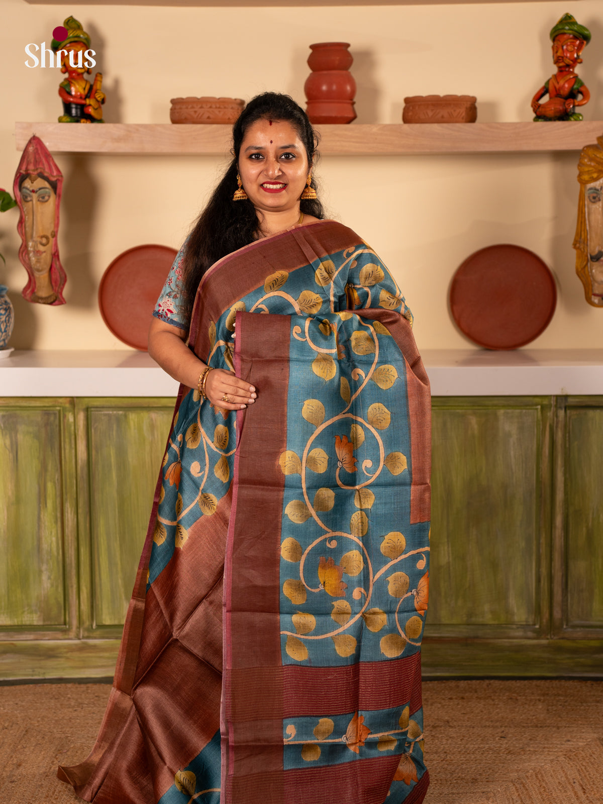 Brown & Blue - Tussar Saree