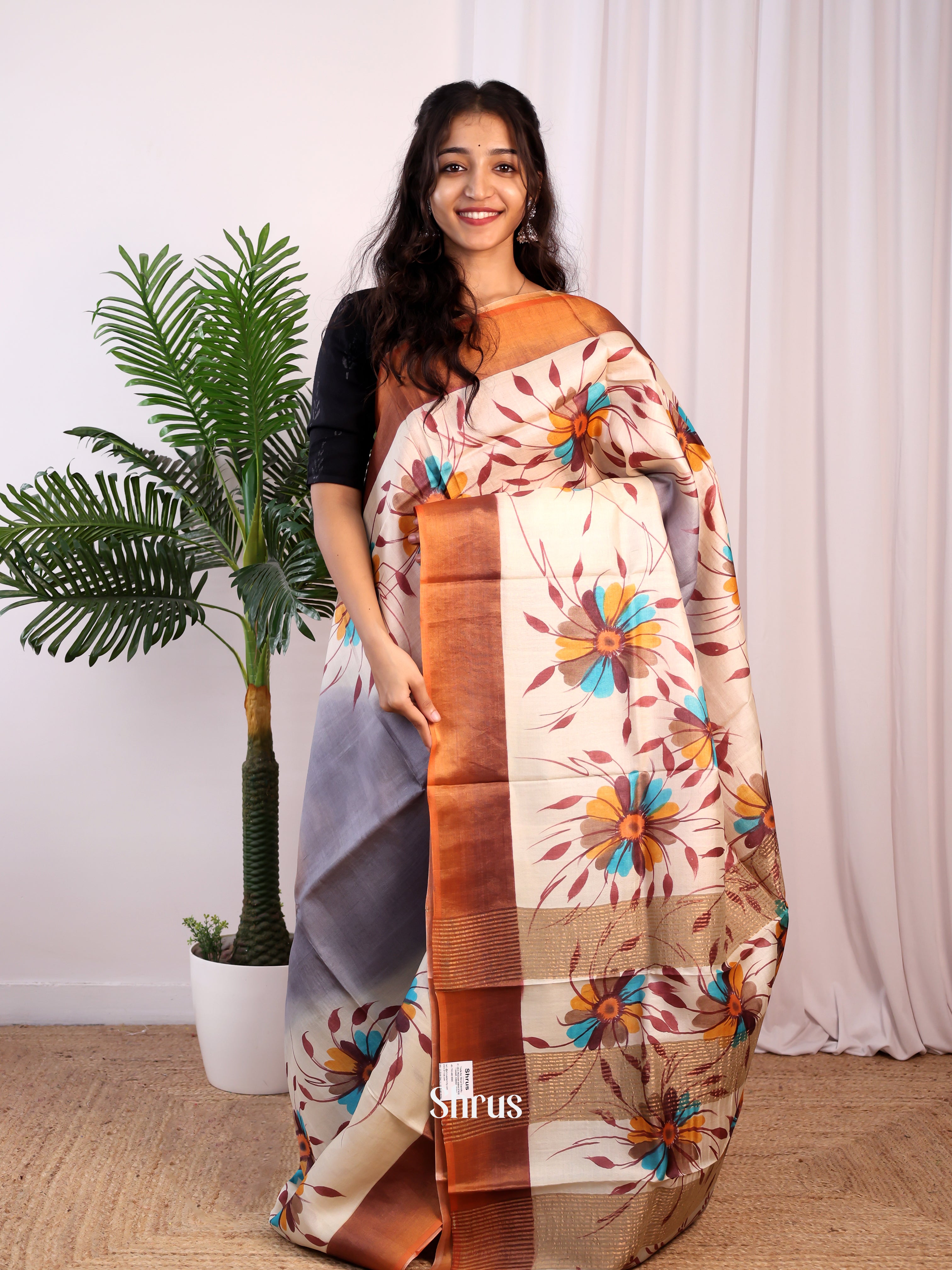 Cream & Grey - Tussar Saree