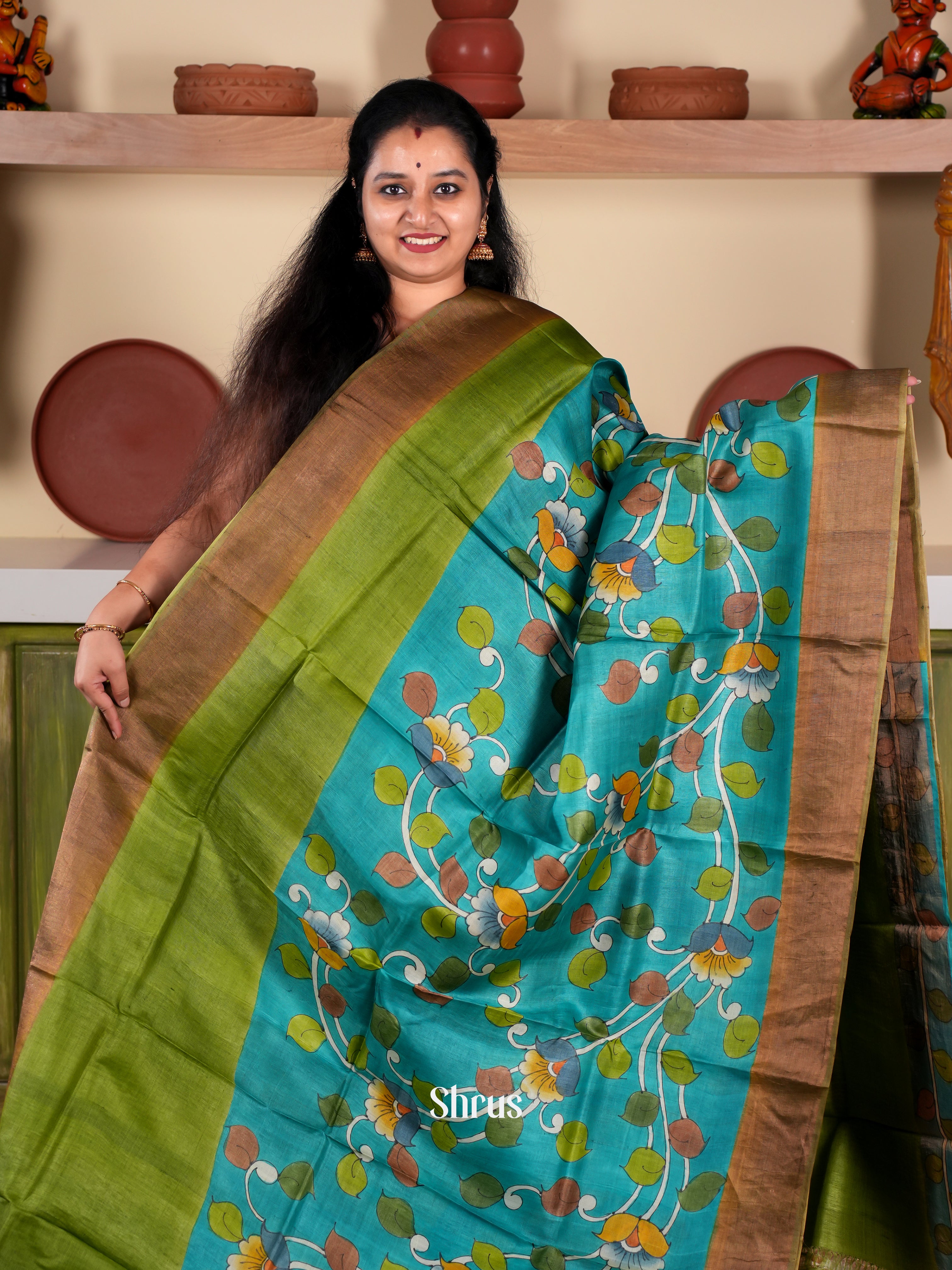 Leaf Green & Green  - Tussar Saree