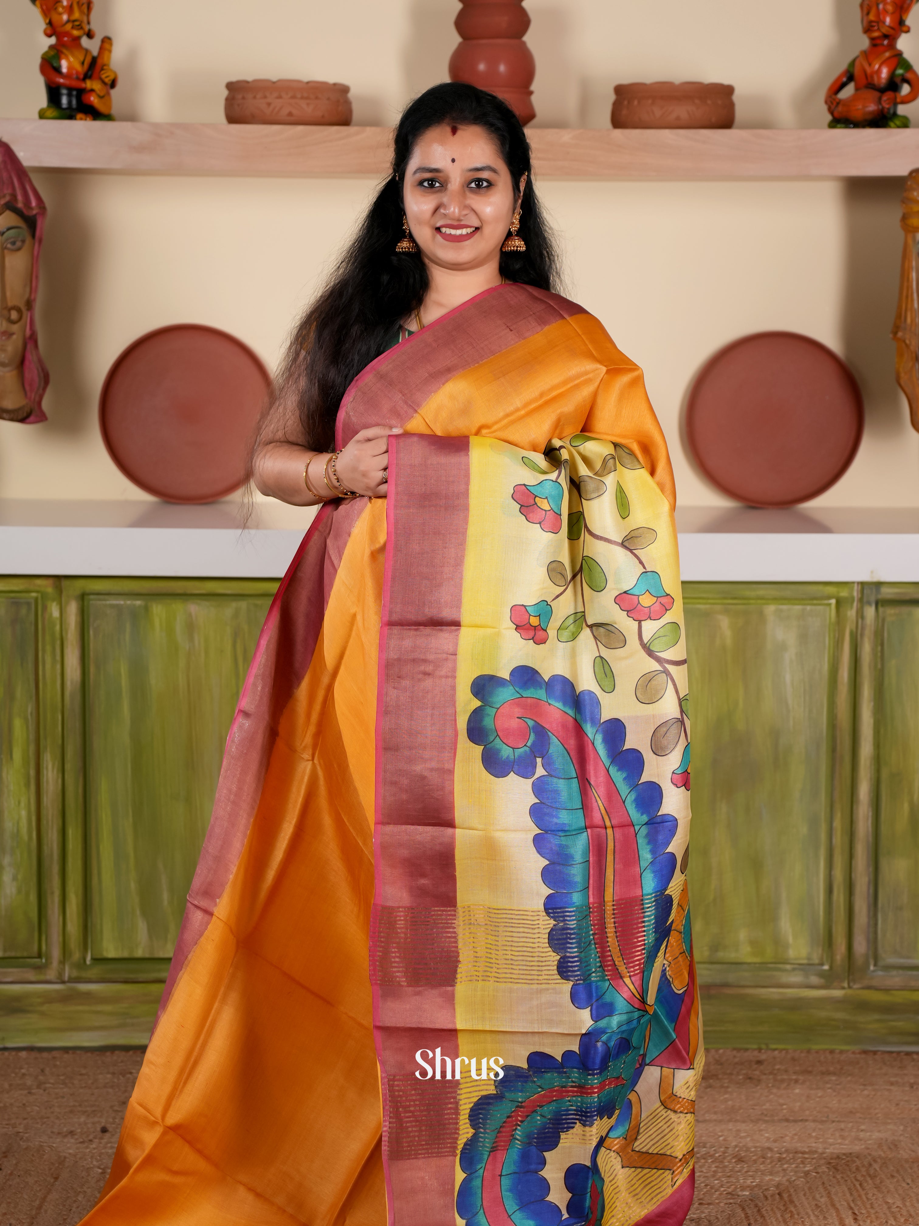 Mustard & Maroon - Tussar Saree