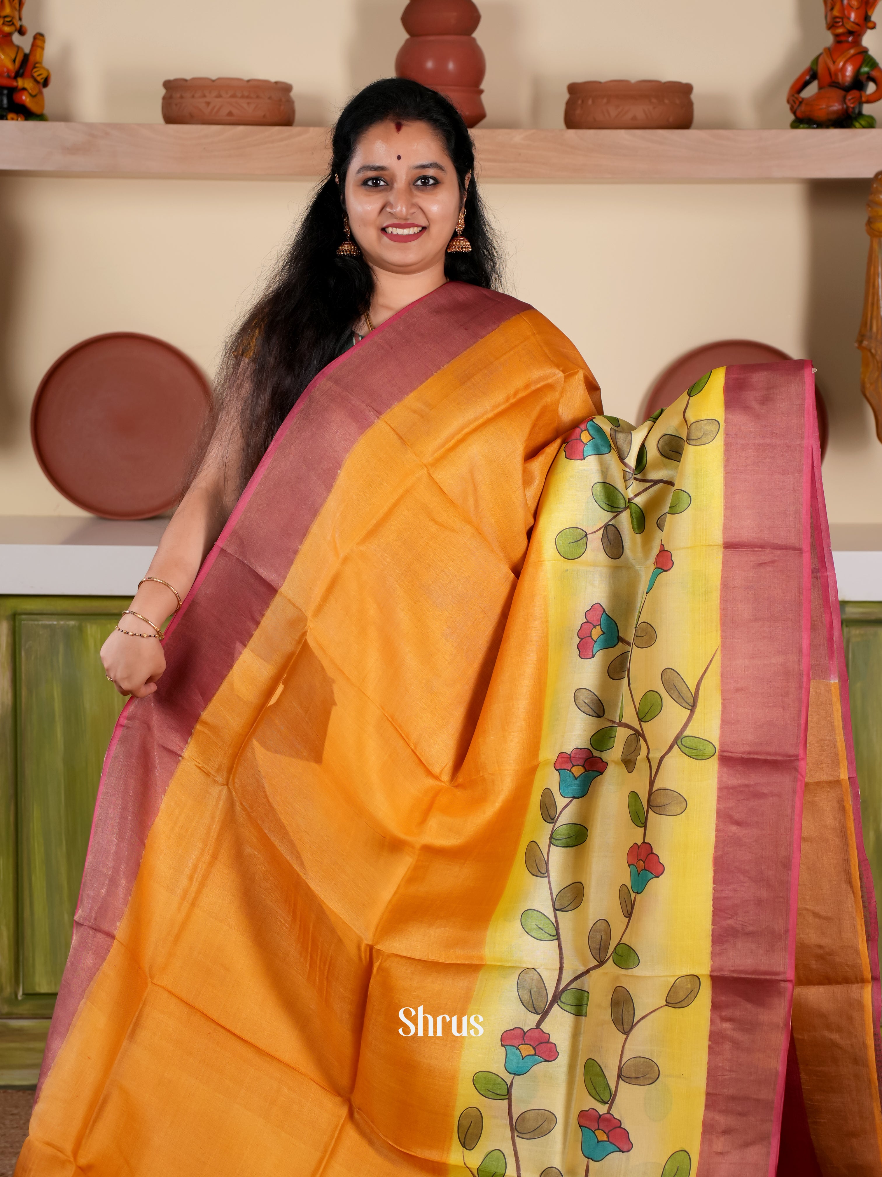 Mustard & Maroon - Tussar Saree