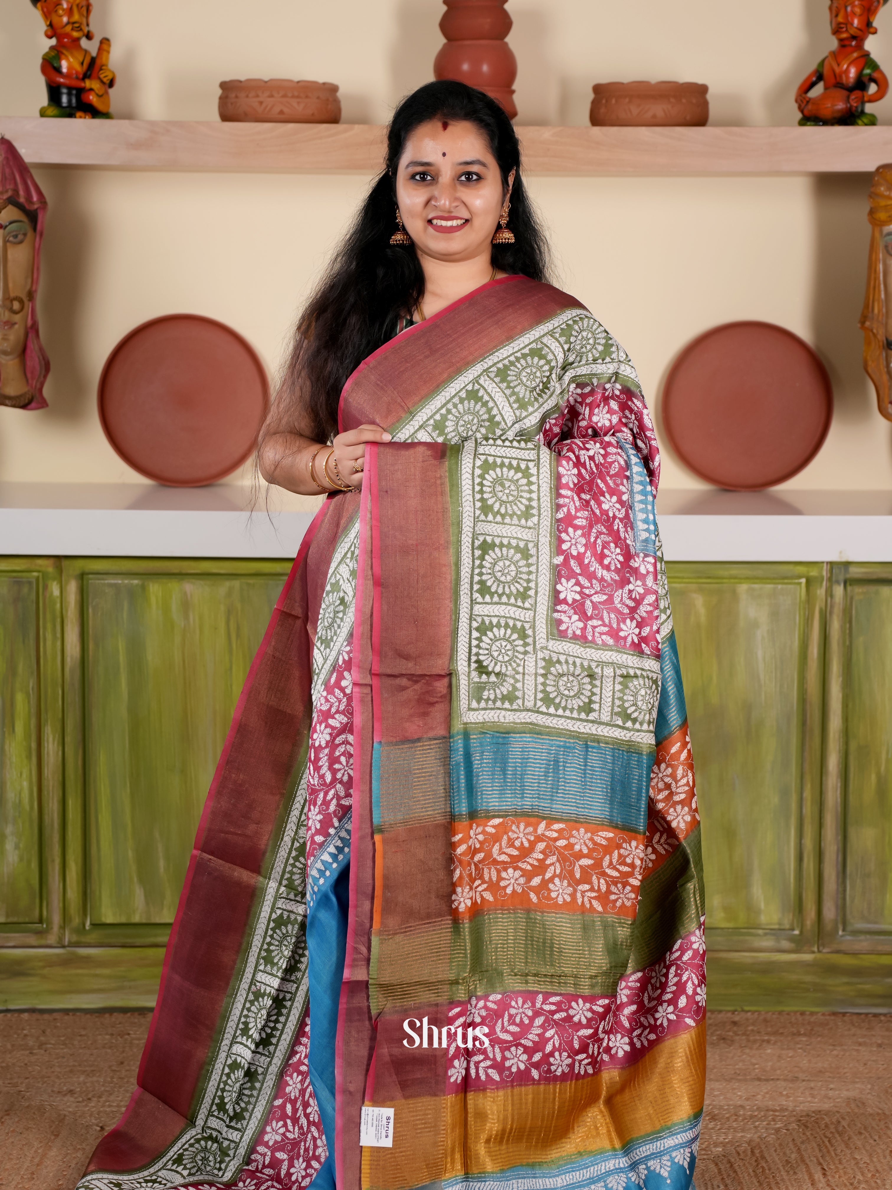 Blue & Pink - Tussar Saree