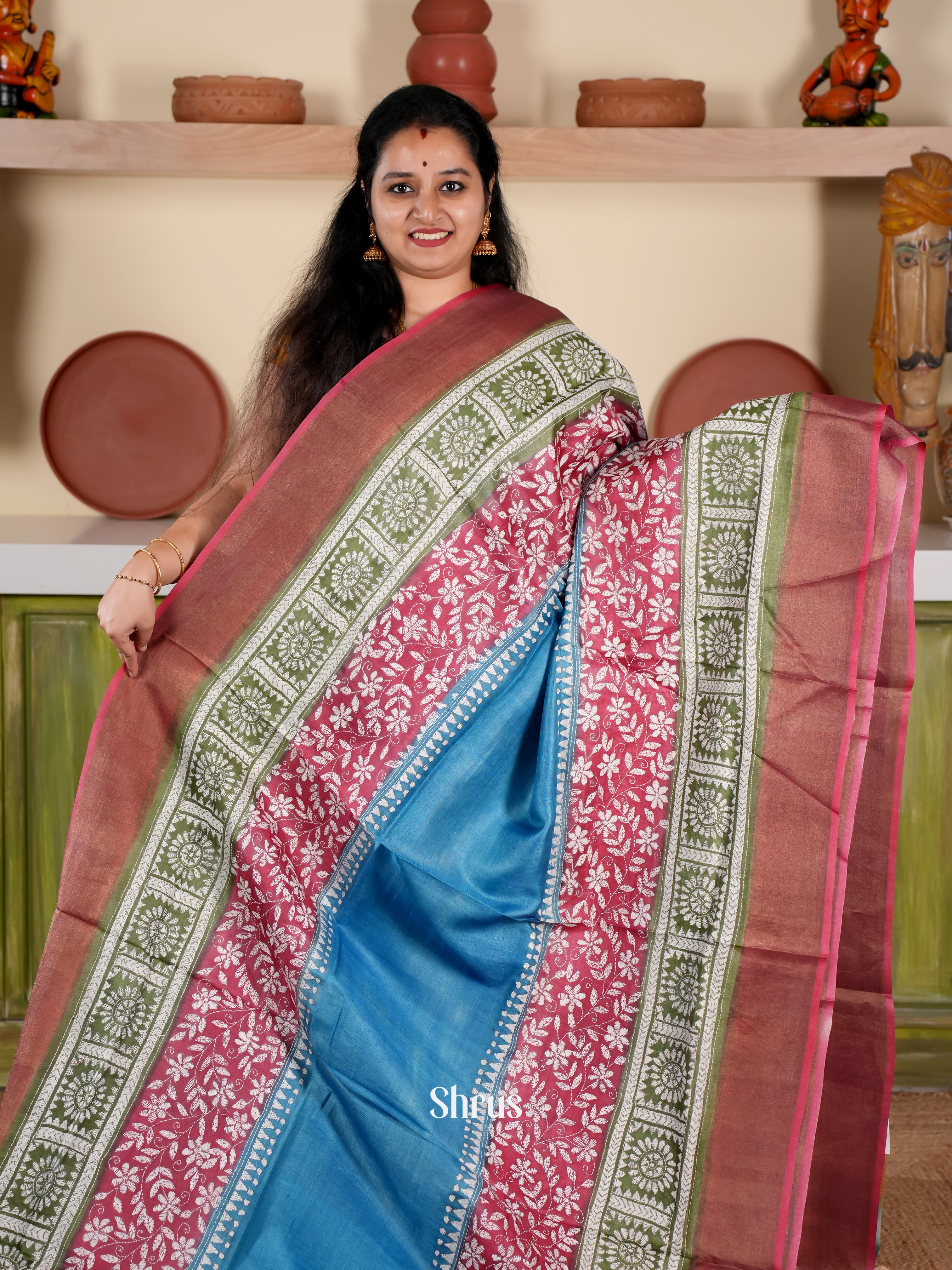 Blue & Pink - Tussar Saree