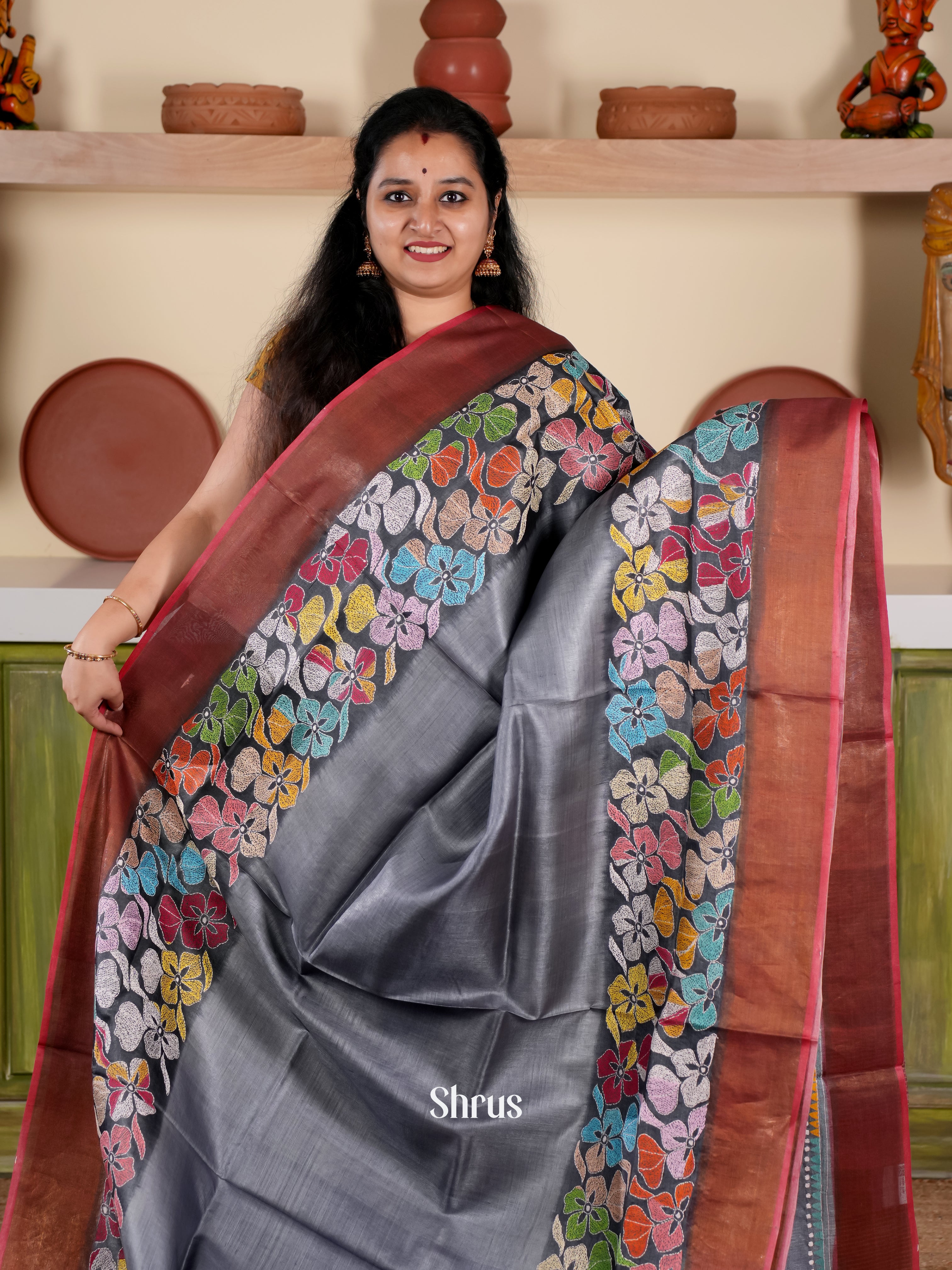 Grey & Brown  - Tussar Saree