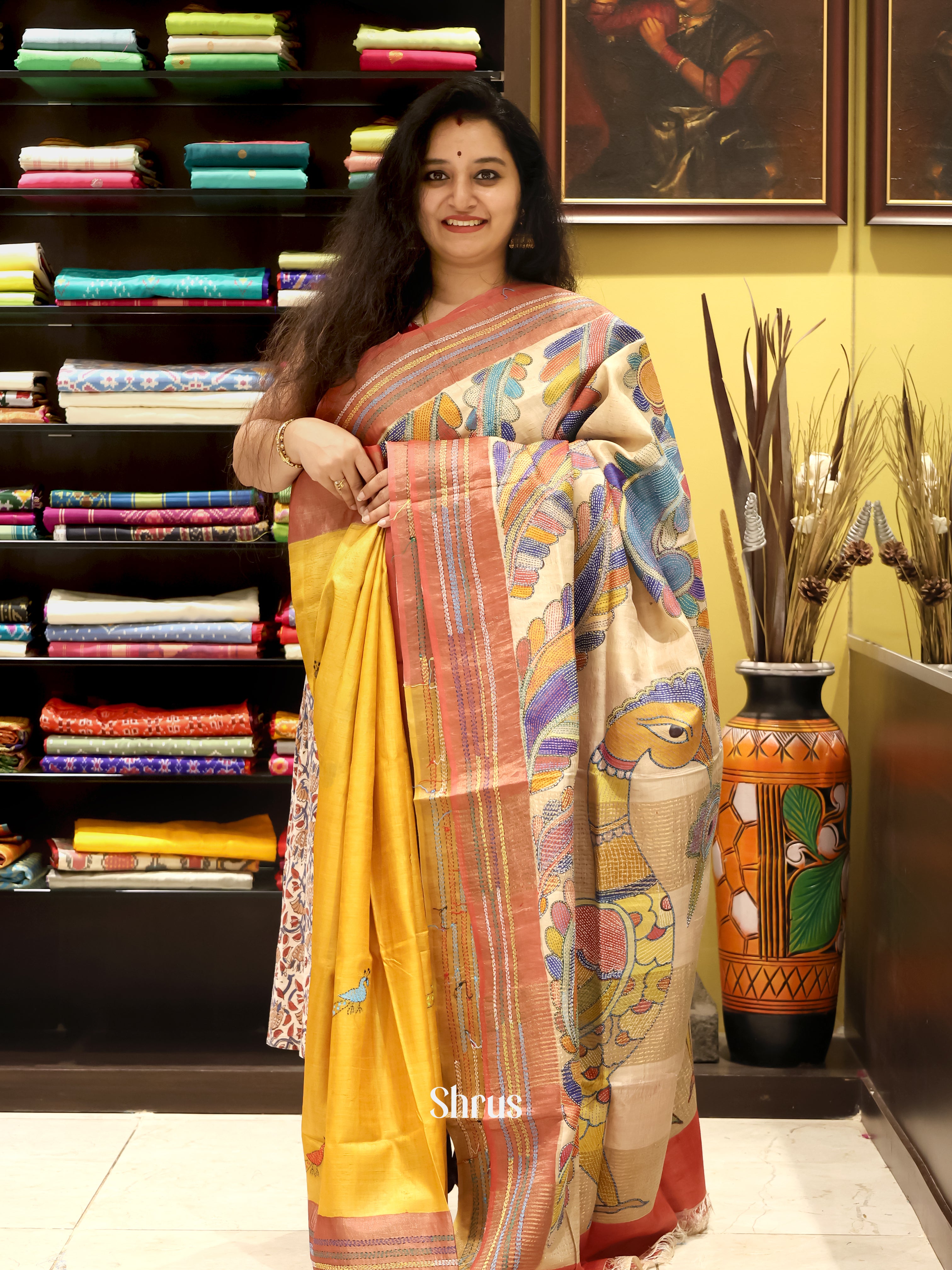 Beige & Mustard - Tussar Saree