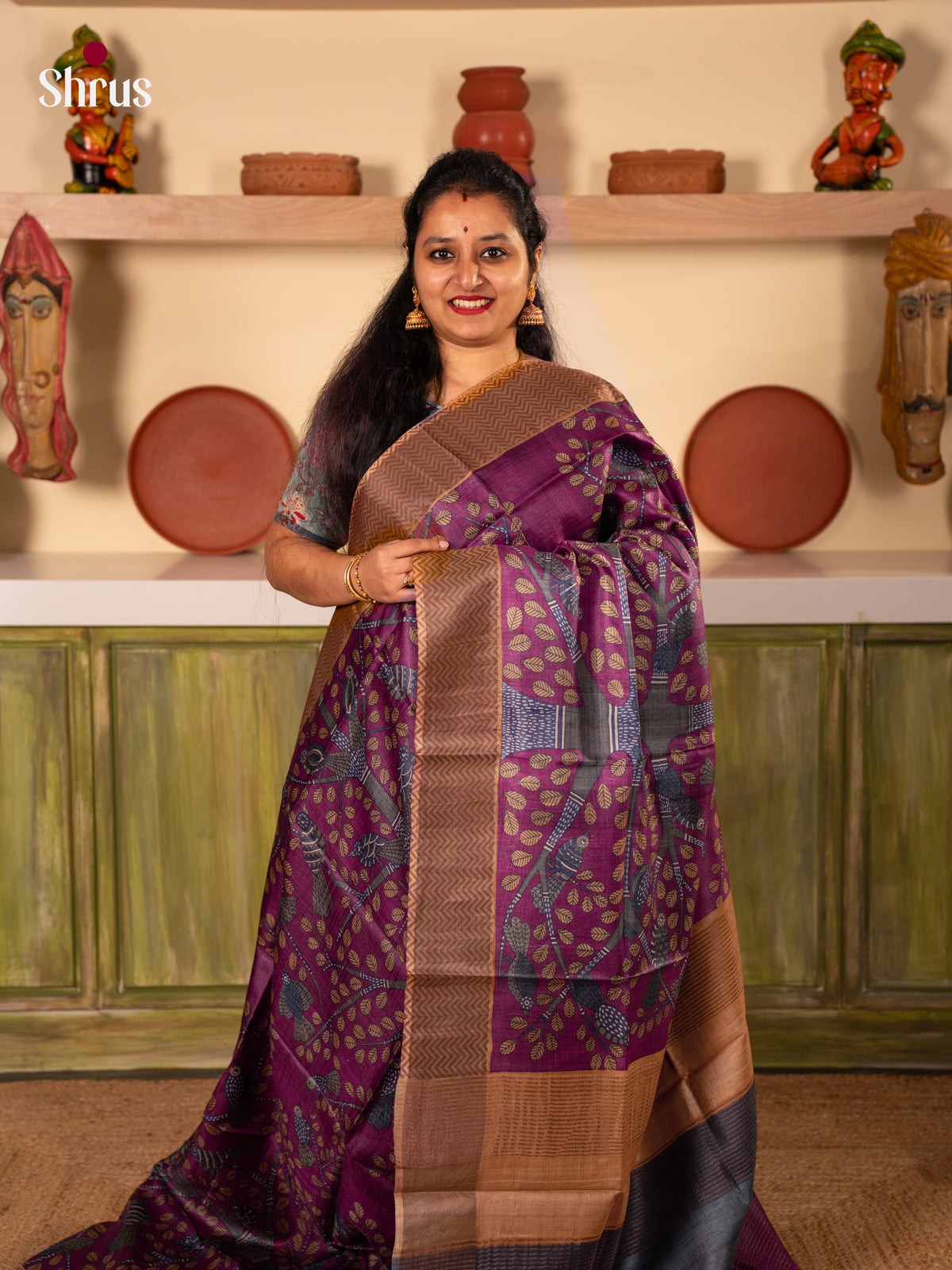 Purple &  Brown- Tussar Saree