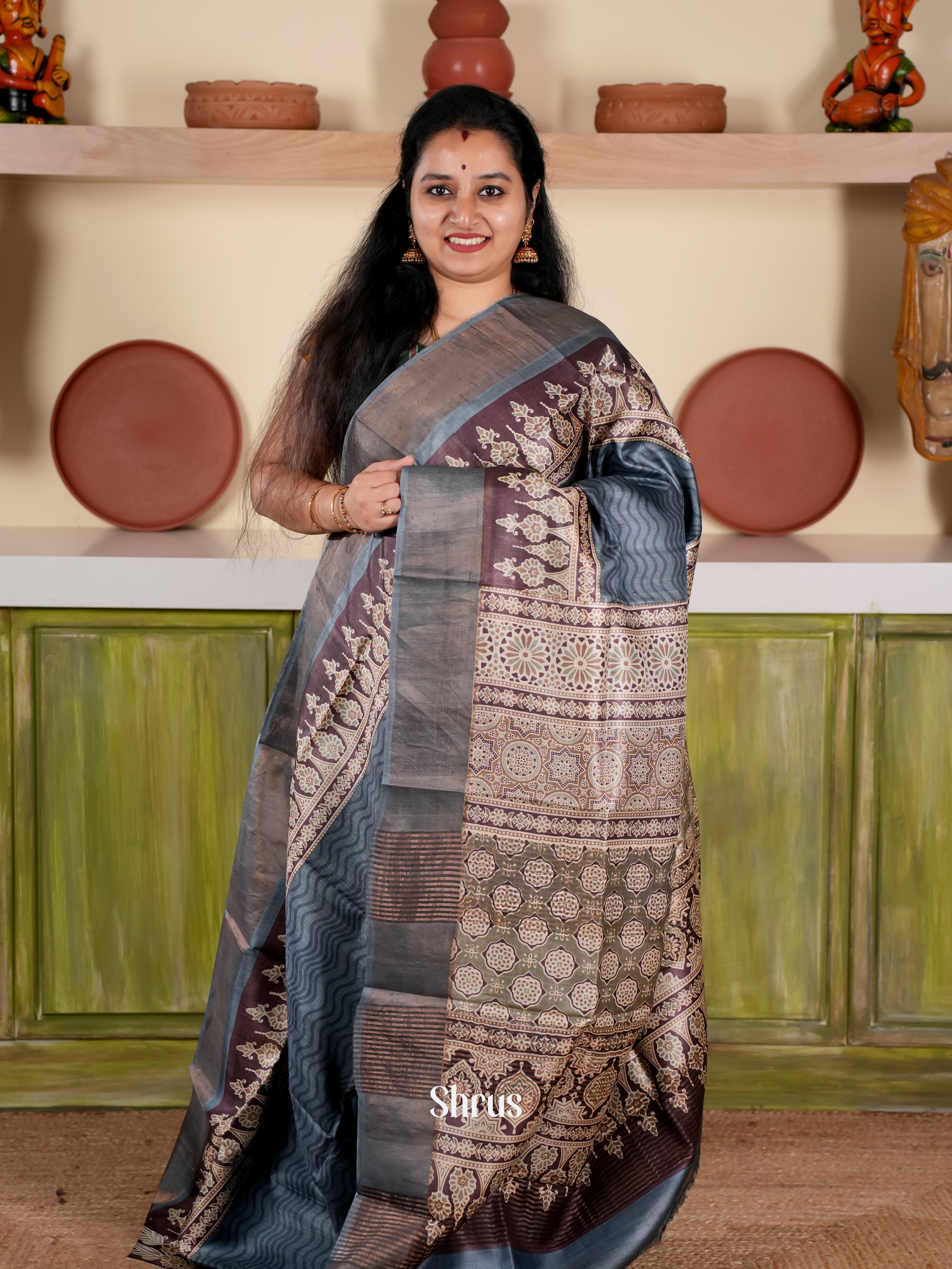 Blue & Brown - Tussar Saree