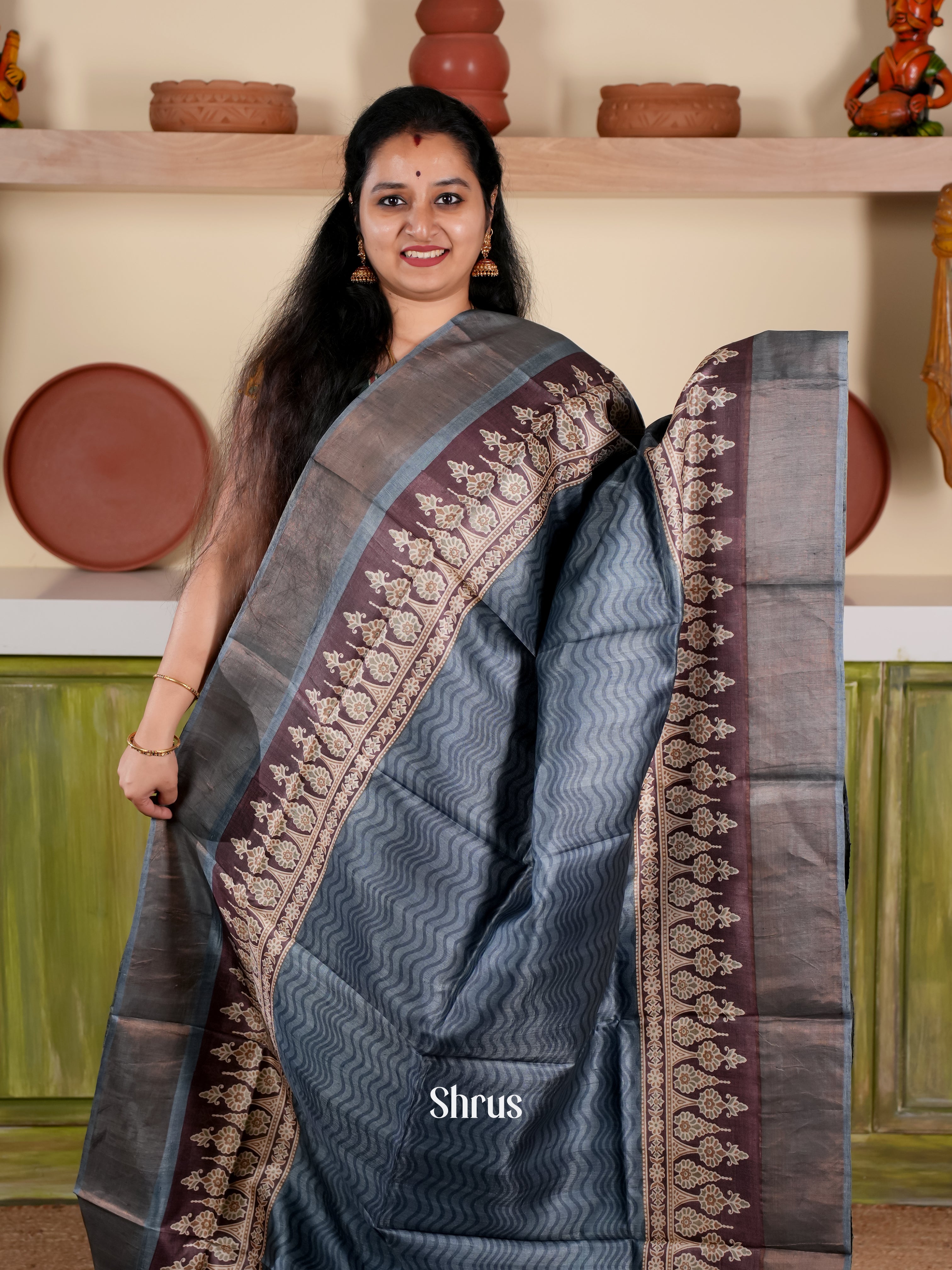 Blue & Brown - Tussar Saree