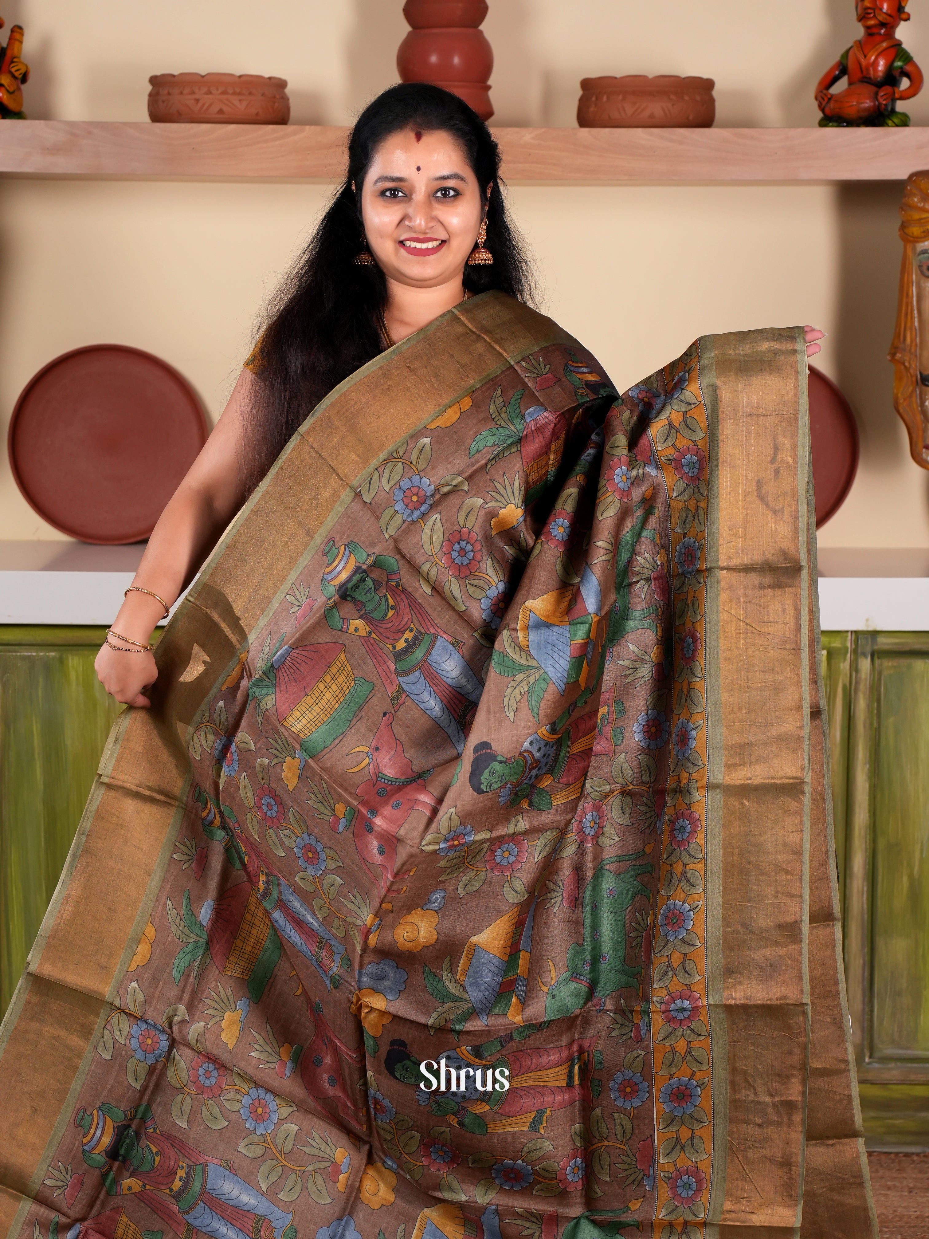 Brown & green  - Tussar Saree