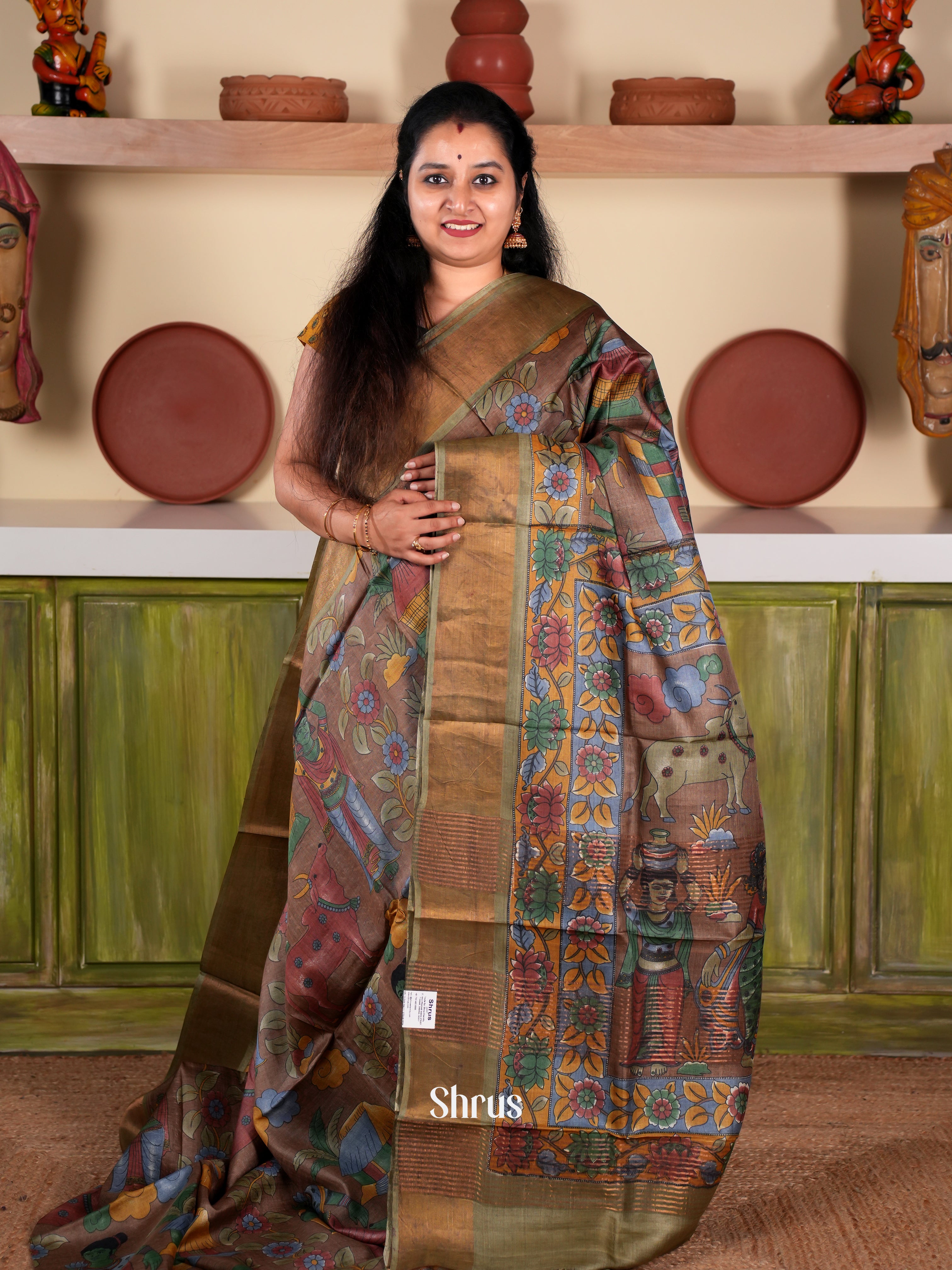 Brown & green  - Tussar Saree