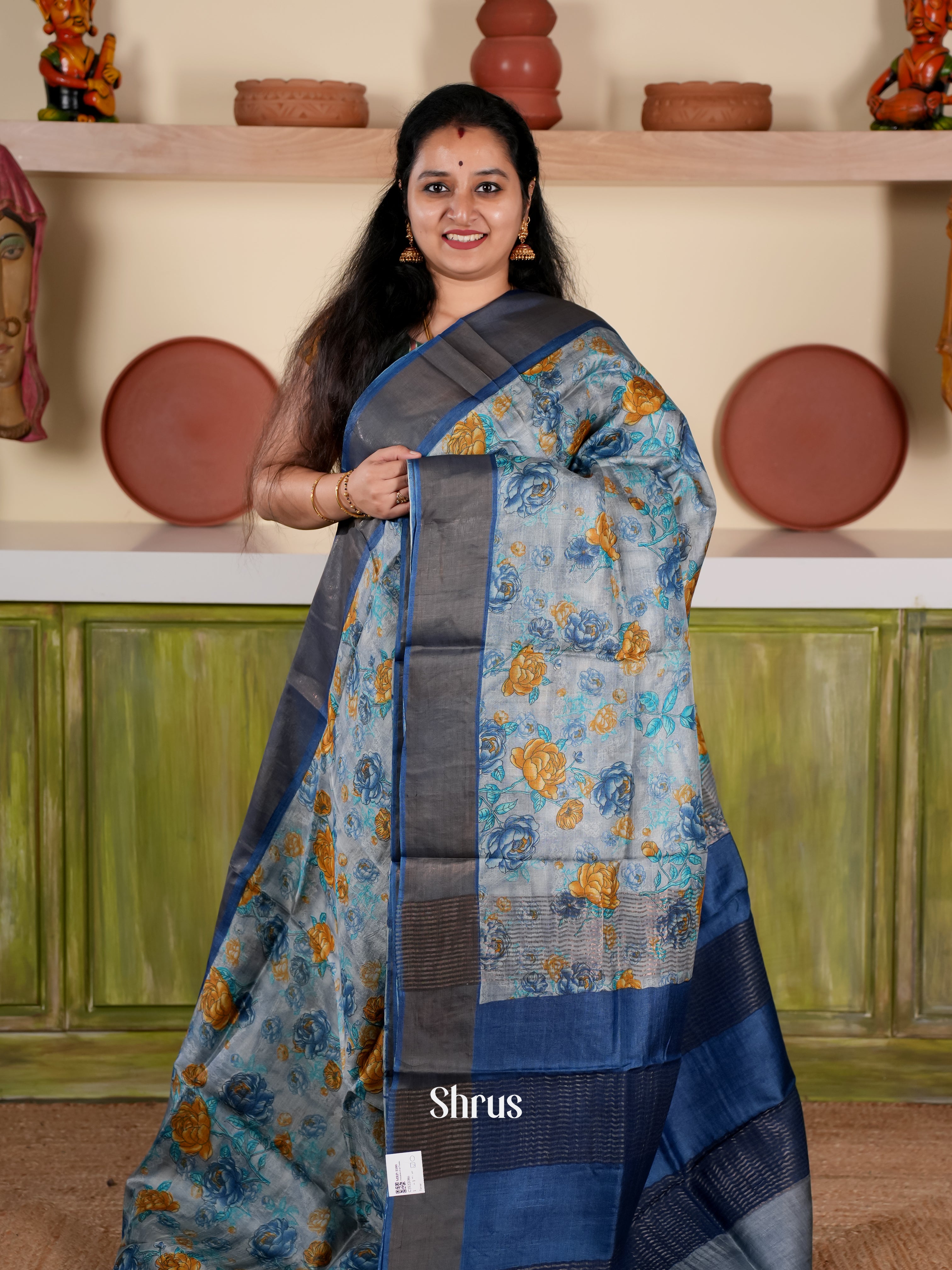 Grey & Blue - Tussar Saree