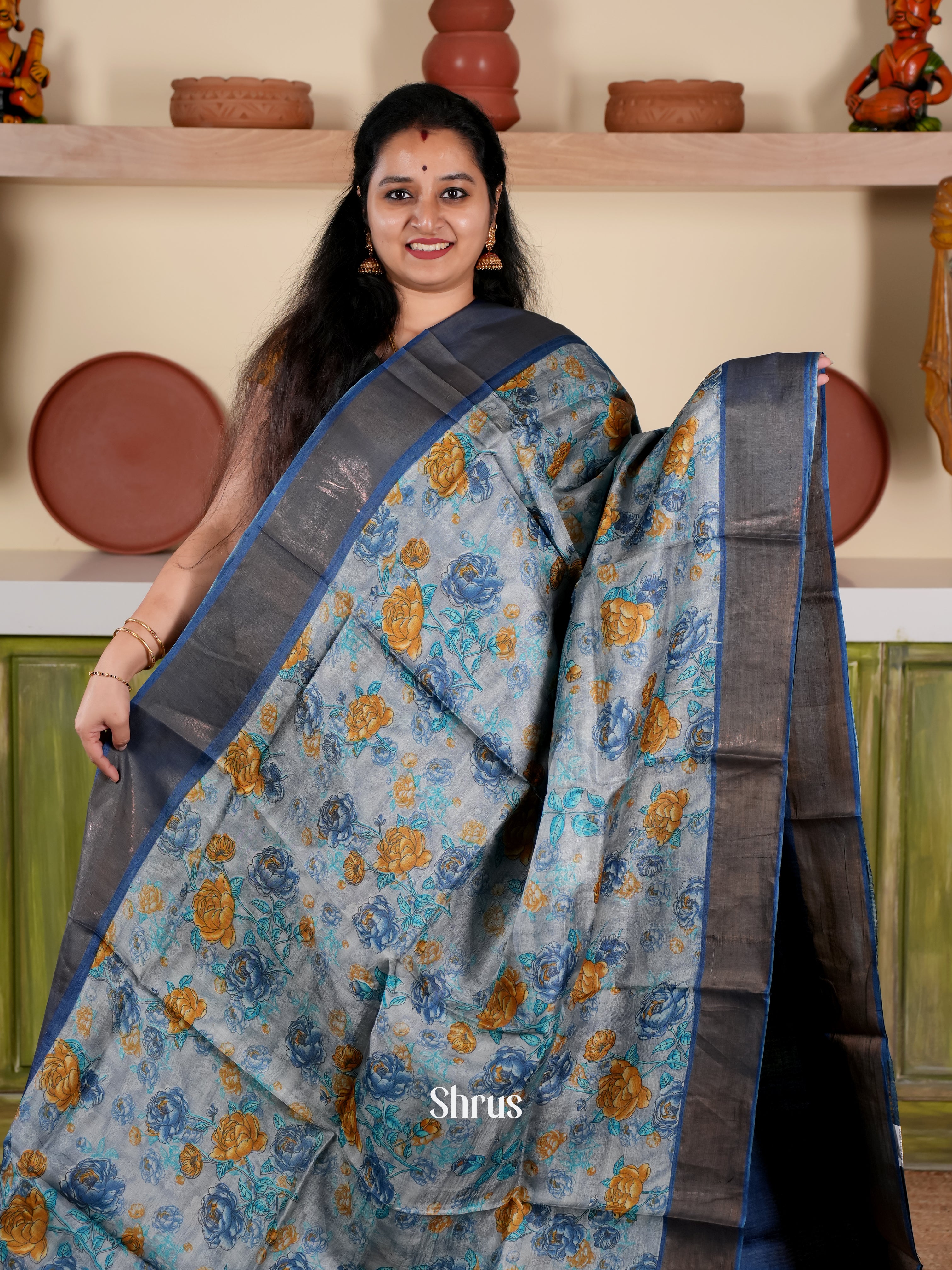 Grey & Blue - Tussar Saree