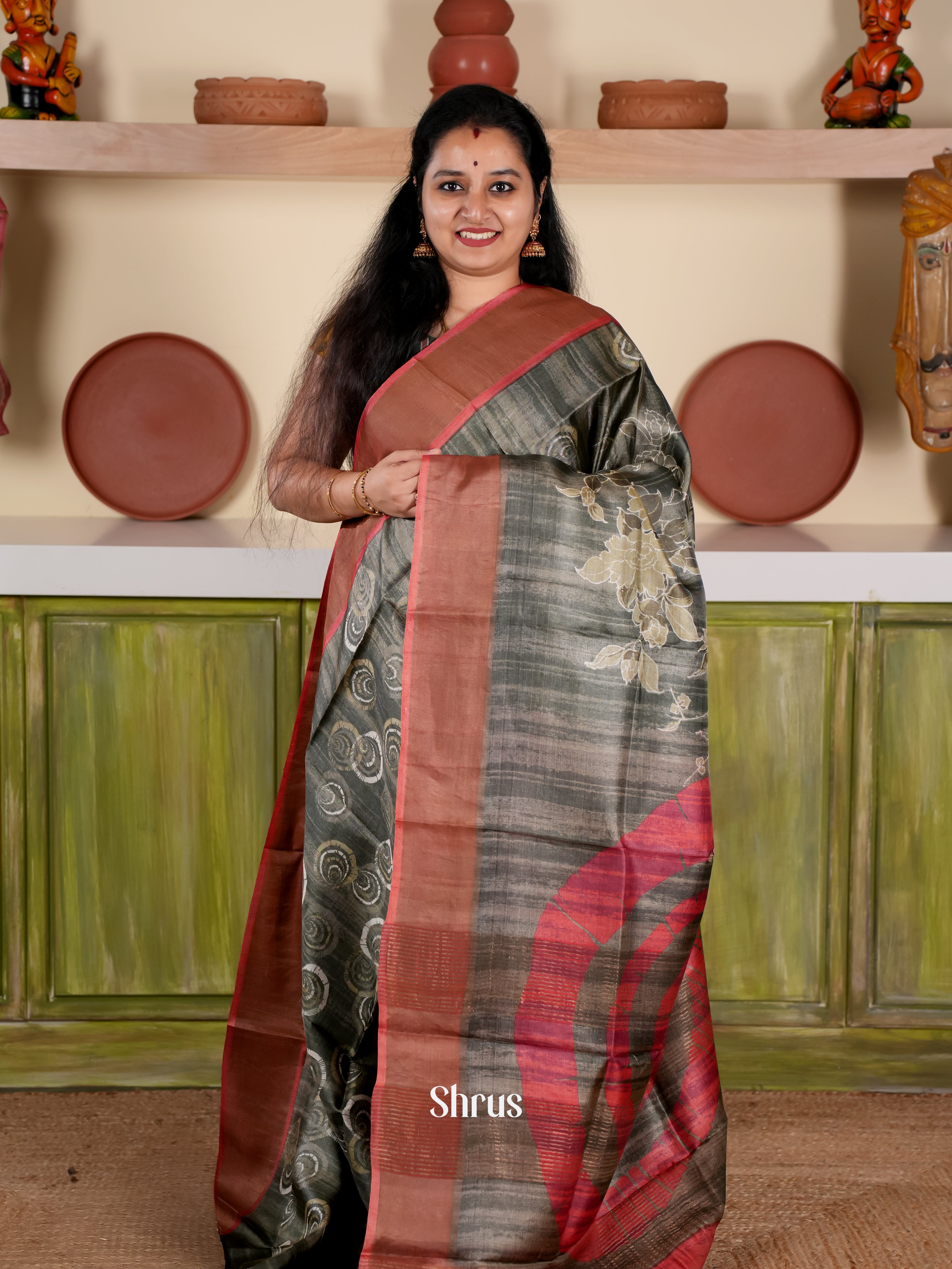 Grey & Maroon - Tussar Saree