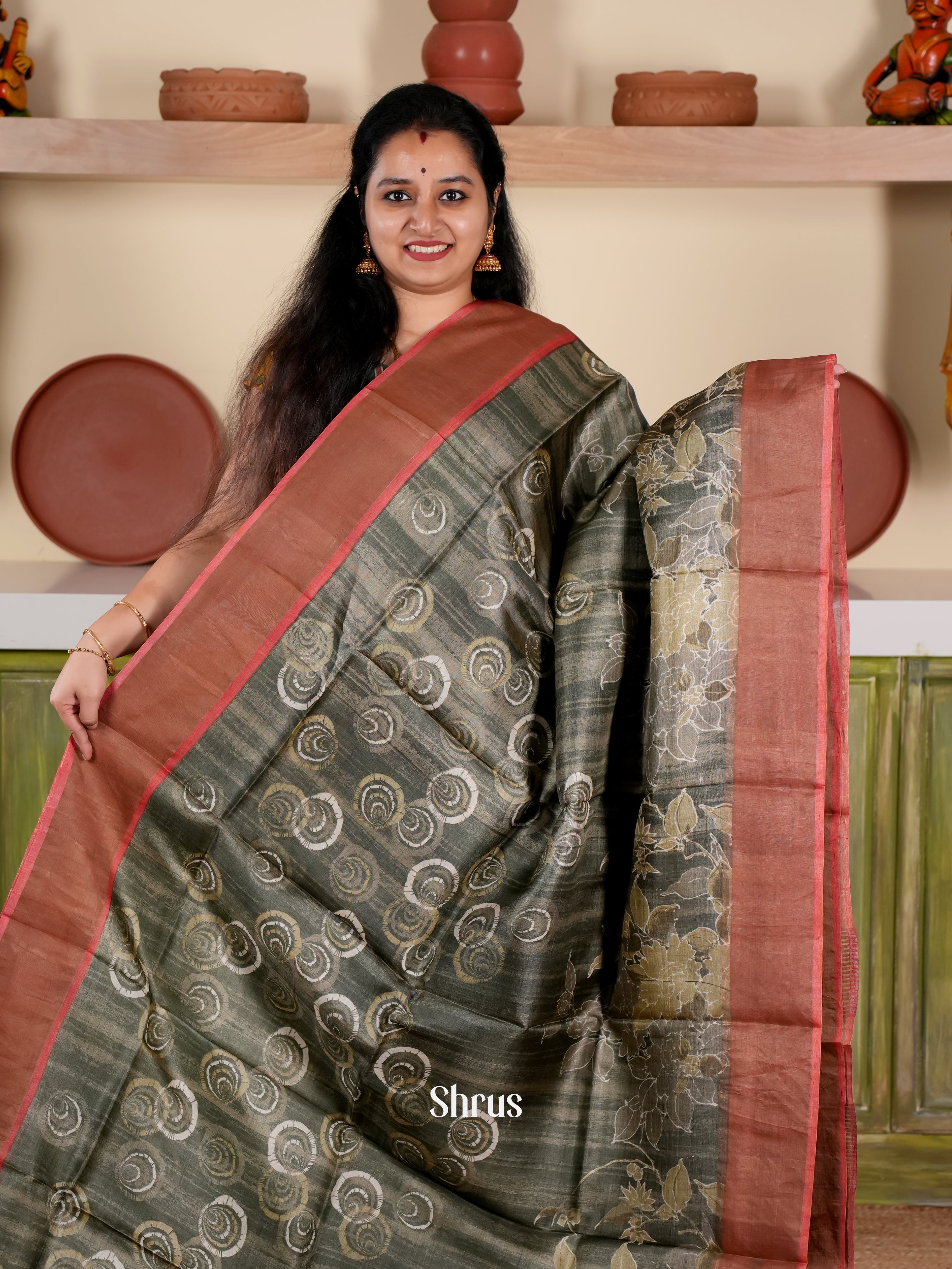 Grey & Maroon - Tussar Saree