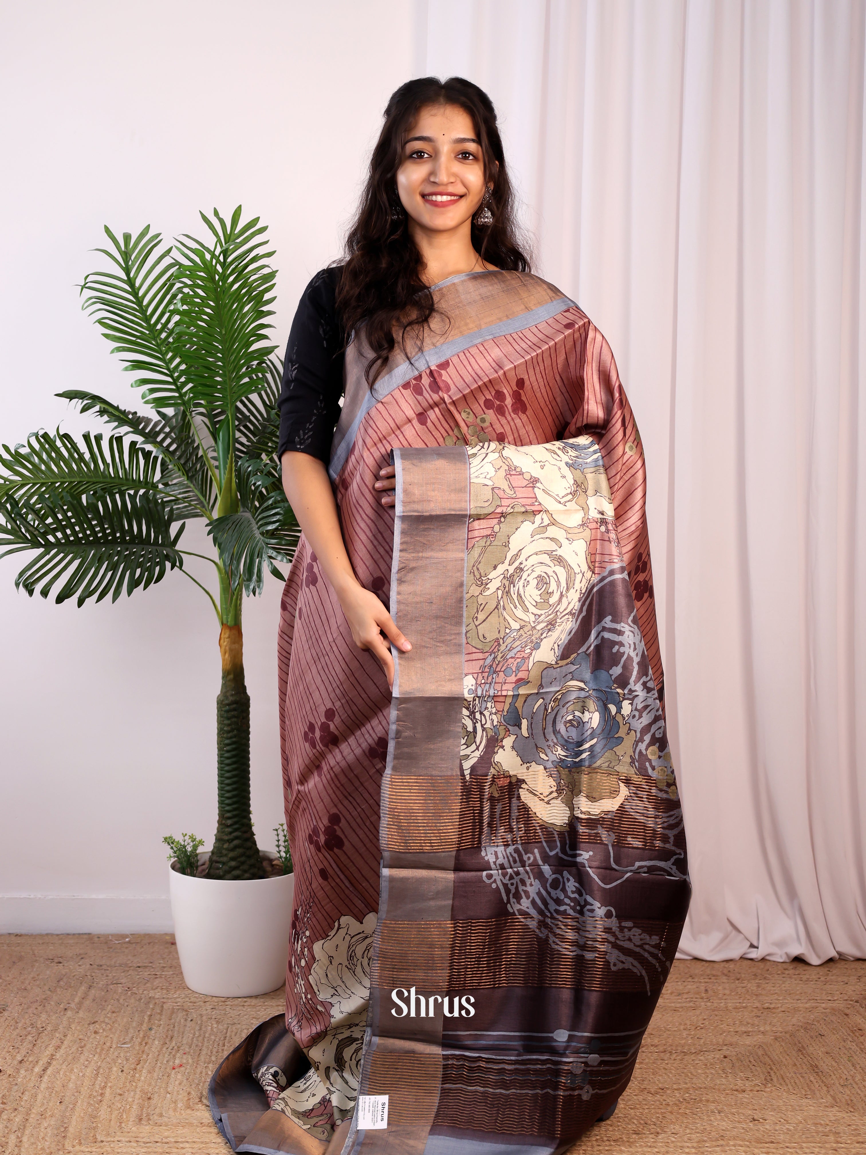 Brown & Grey - Tussar Saree