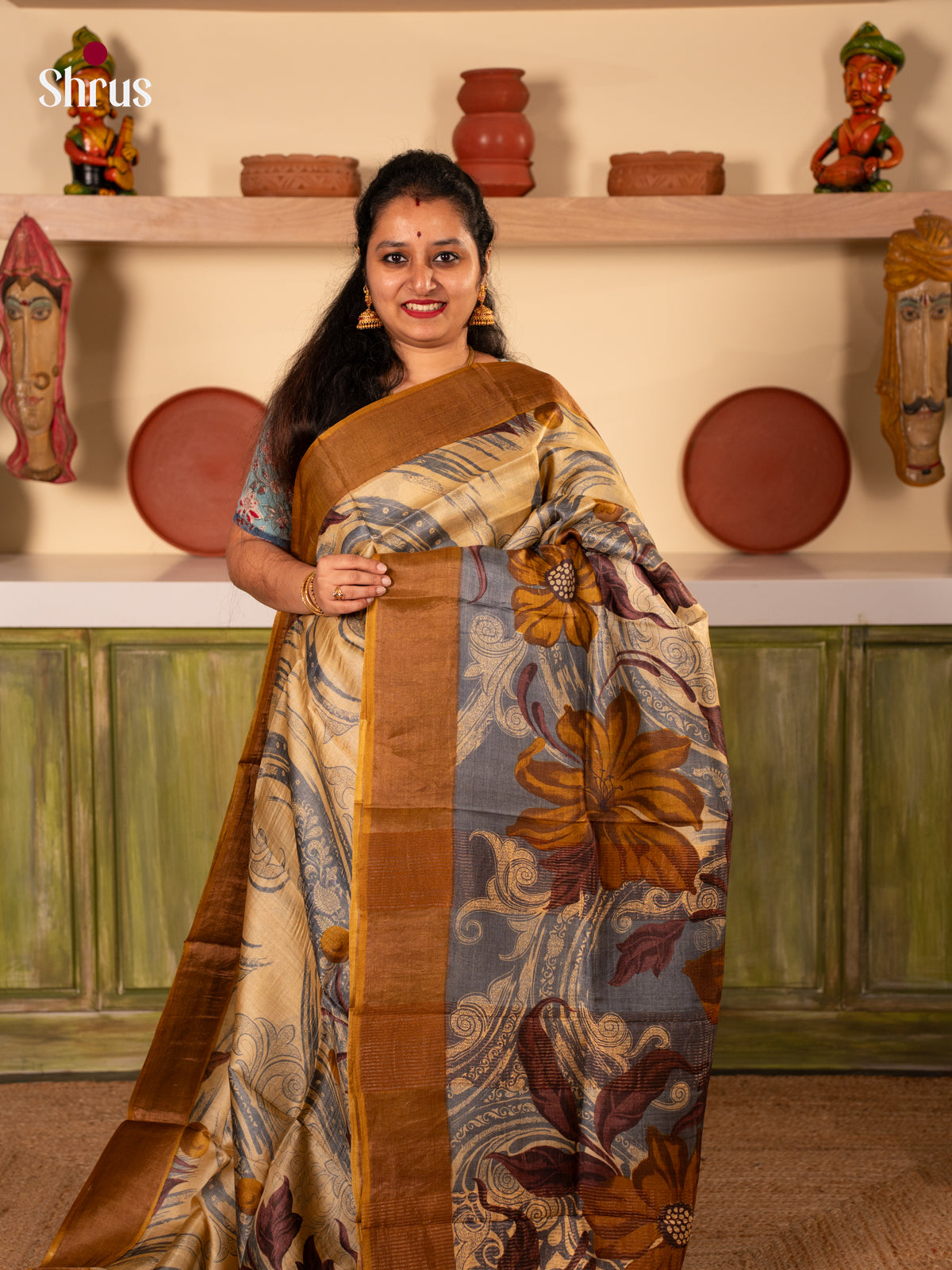 Cream  & Mustard - Tussar Saree