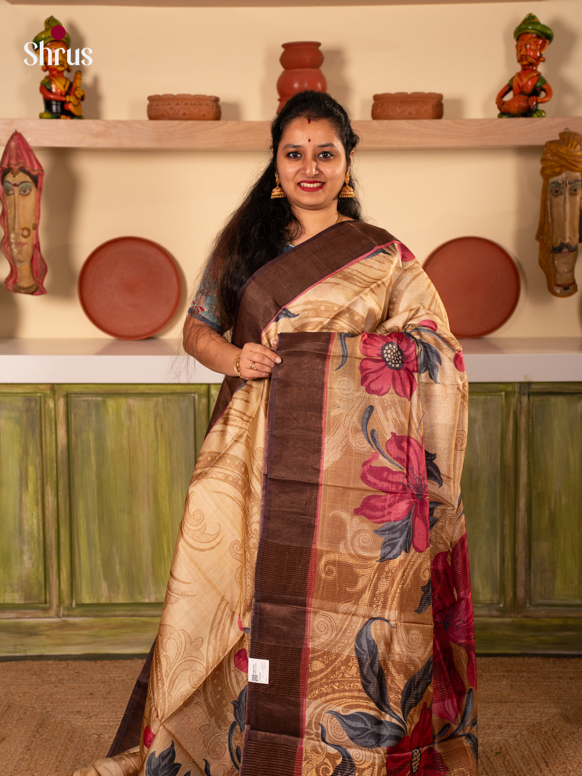 Brown & Pink - Tussar Saree