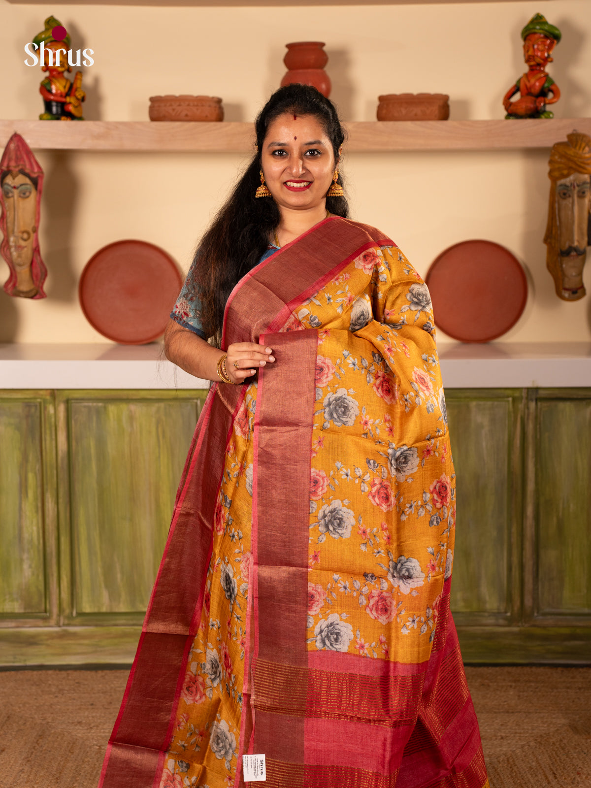 Mustard & Maroon- Tussar Saree