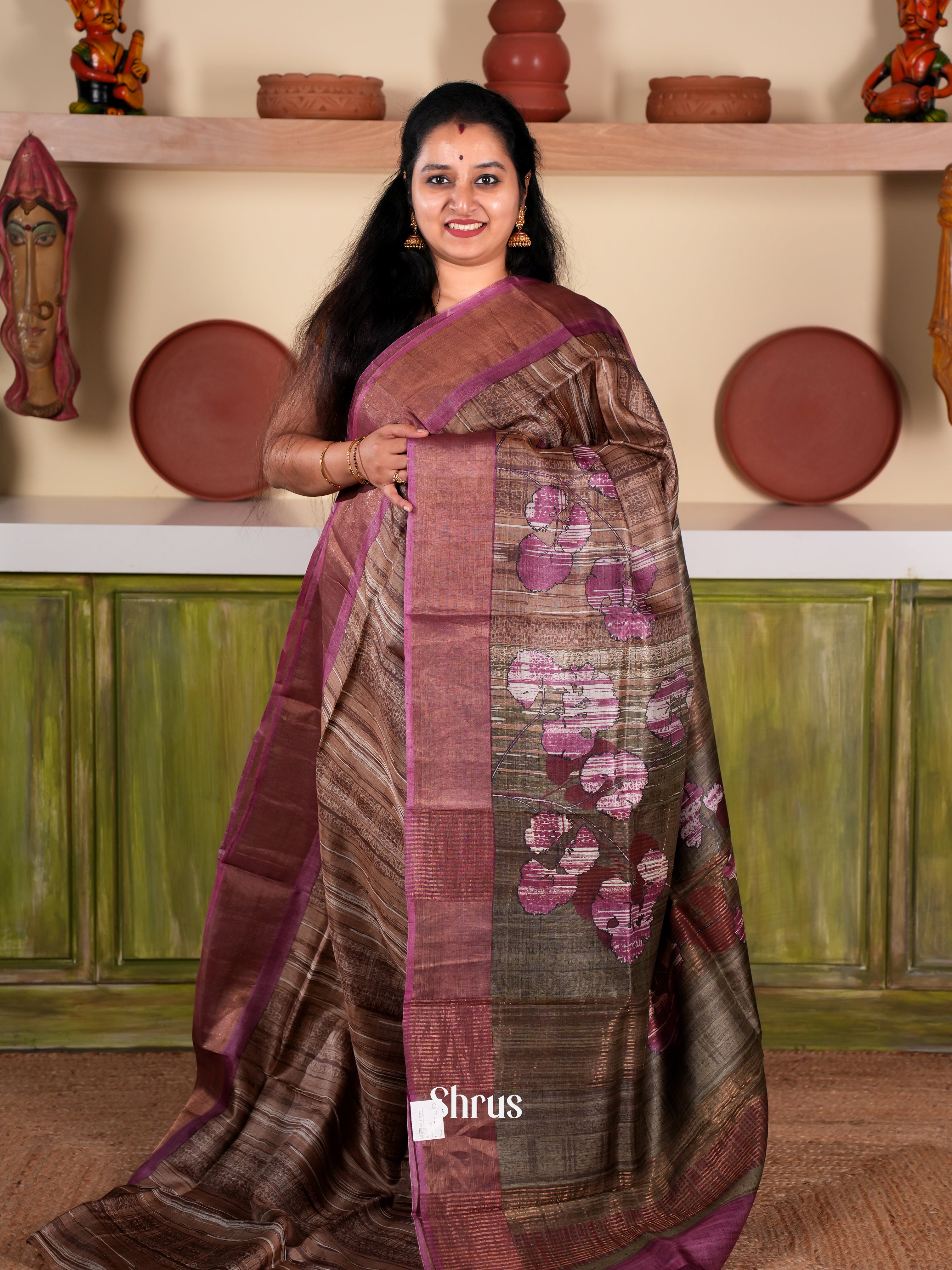 Brown & Purple - Tussar Saree