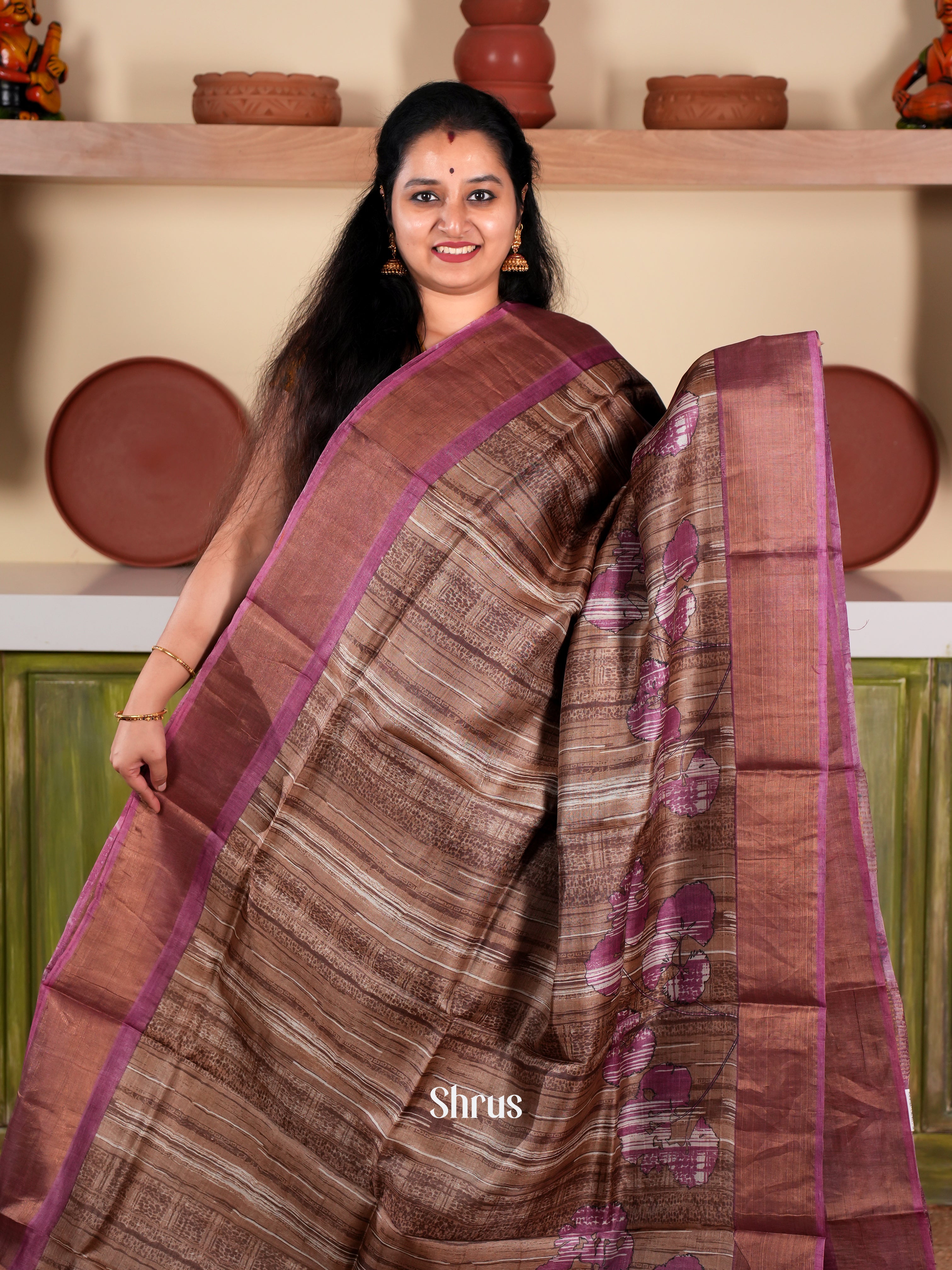 Brown & Purple - Tussar Saree