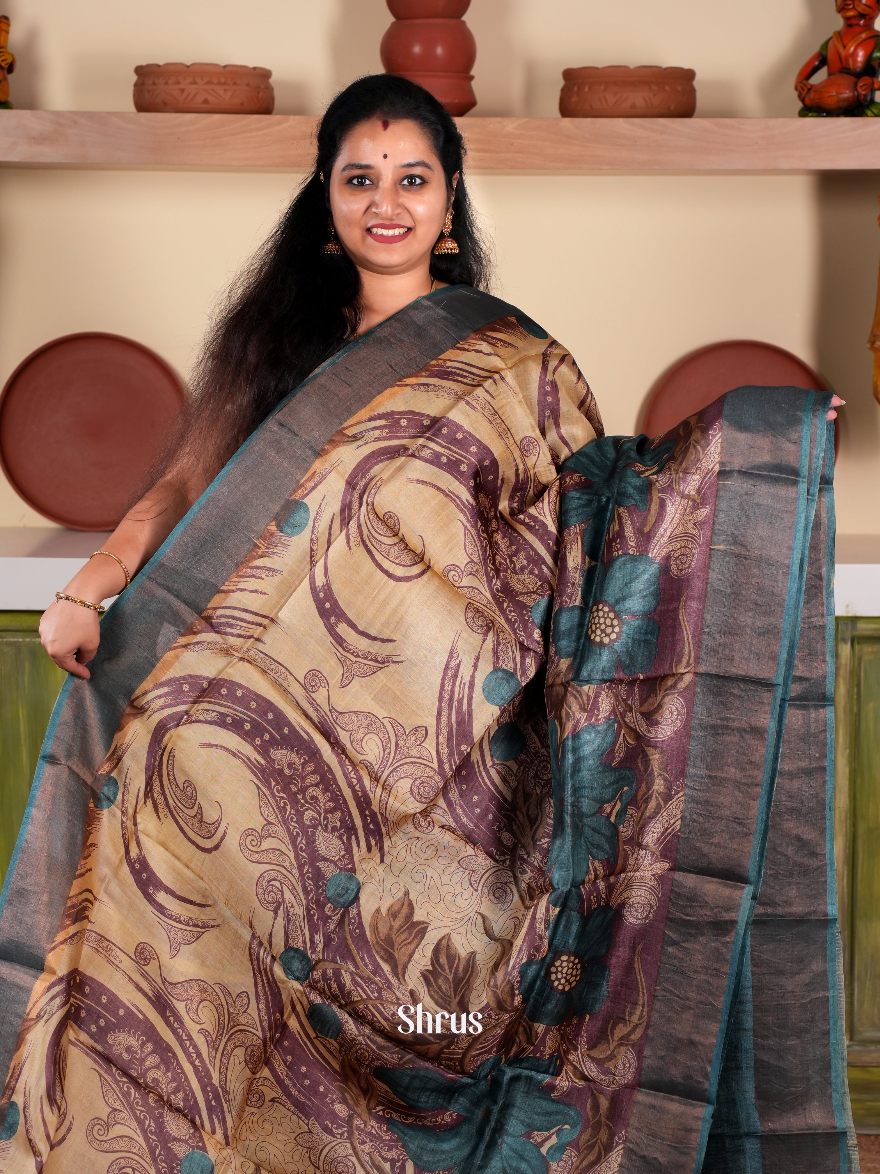 Brown  & Blue  - Tussar Saree