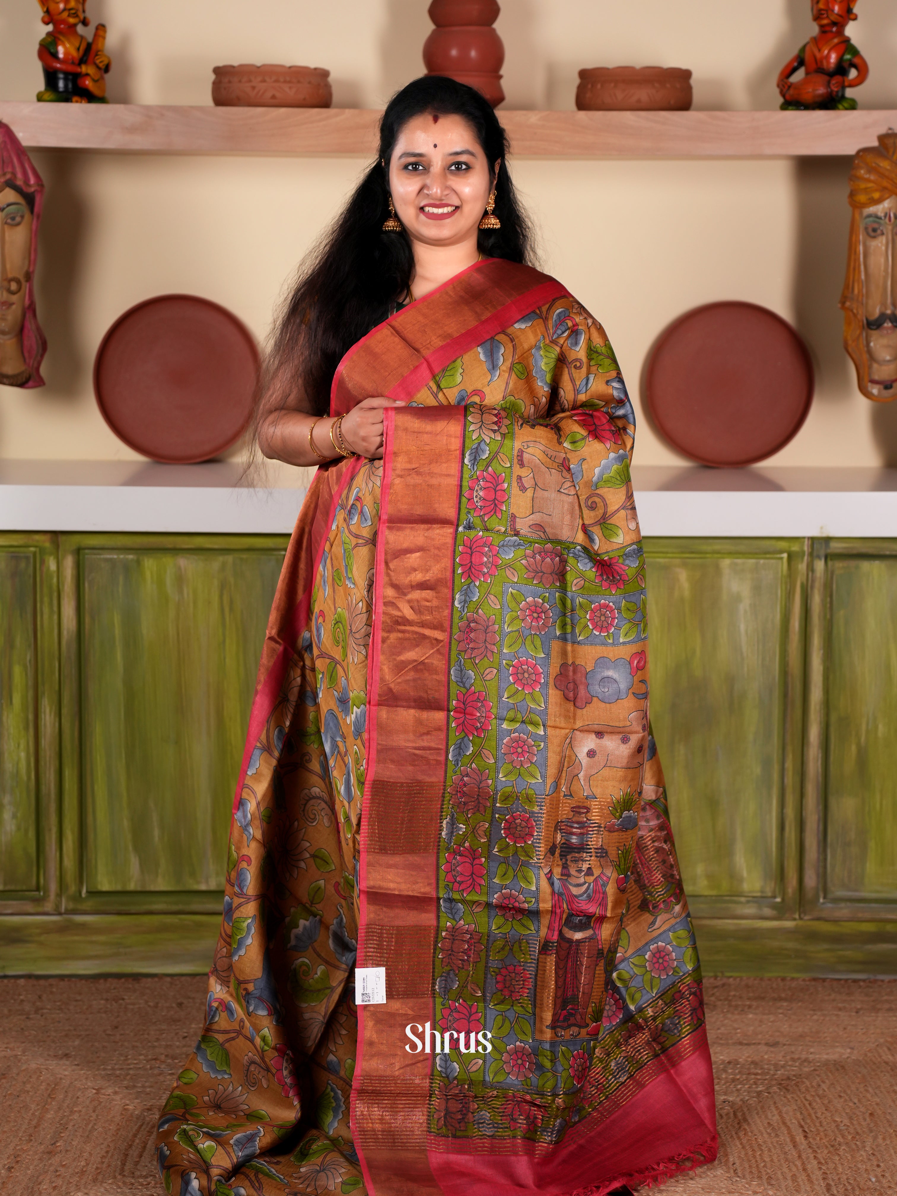 Brown & Maroon - Tussar Saree