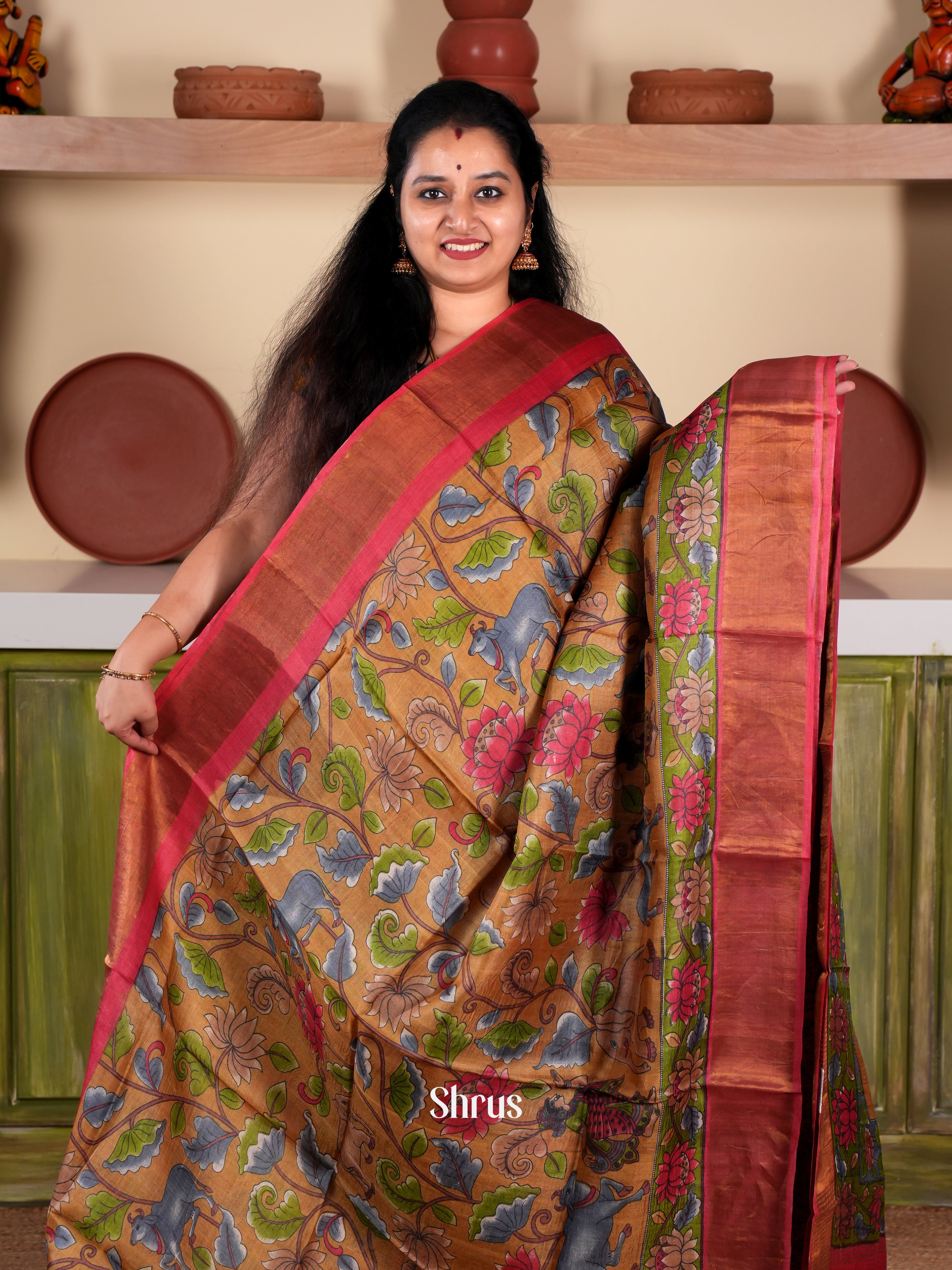 Brown & Maroon - Tussar Saree