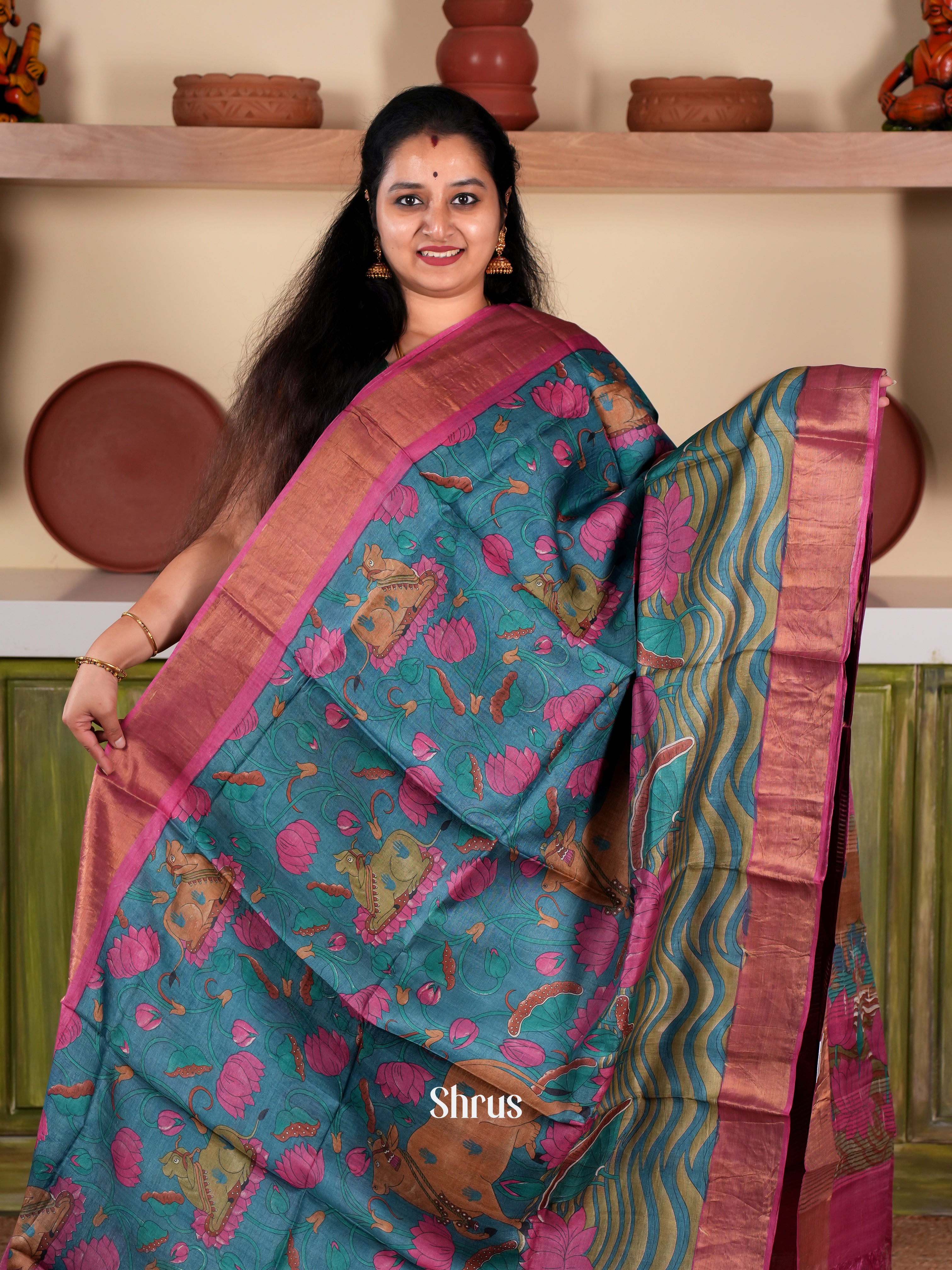 Blue & Pink - Tussar Saree