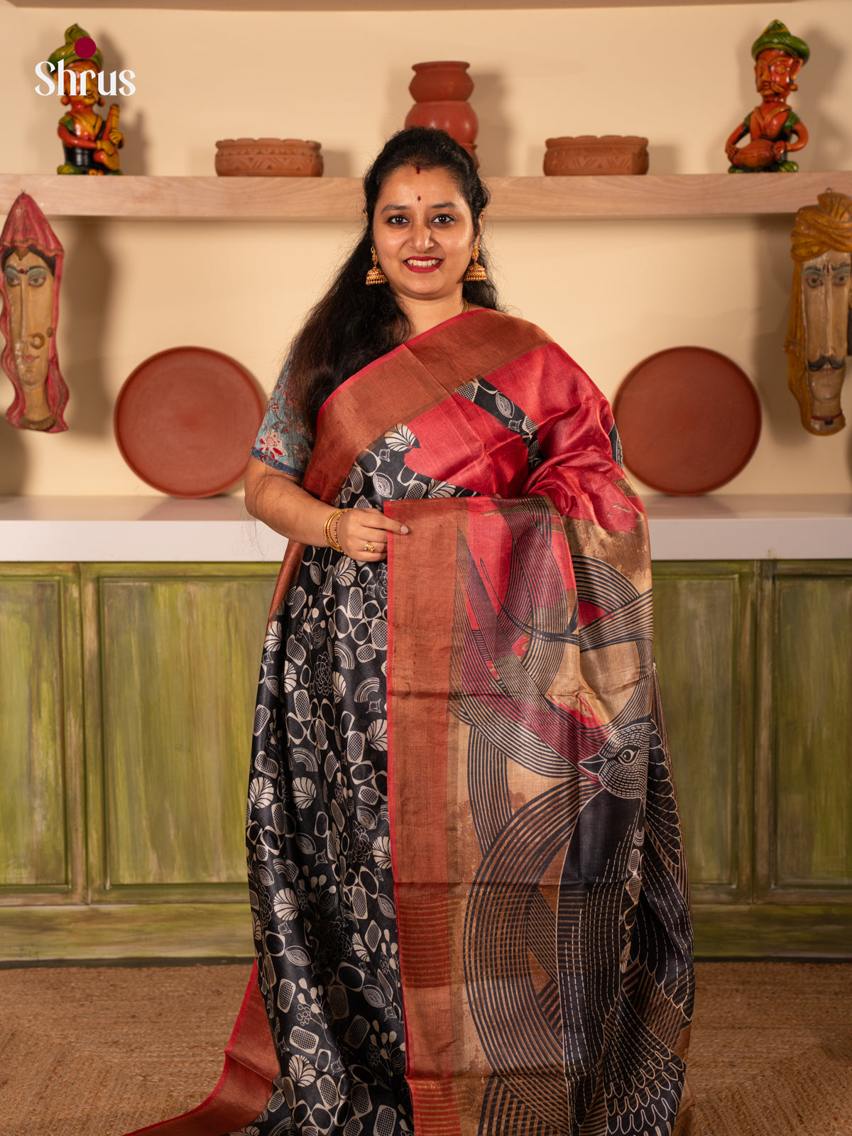 Black & Maroon - Tussar Saree