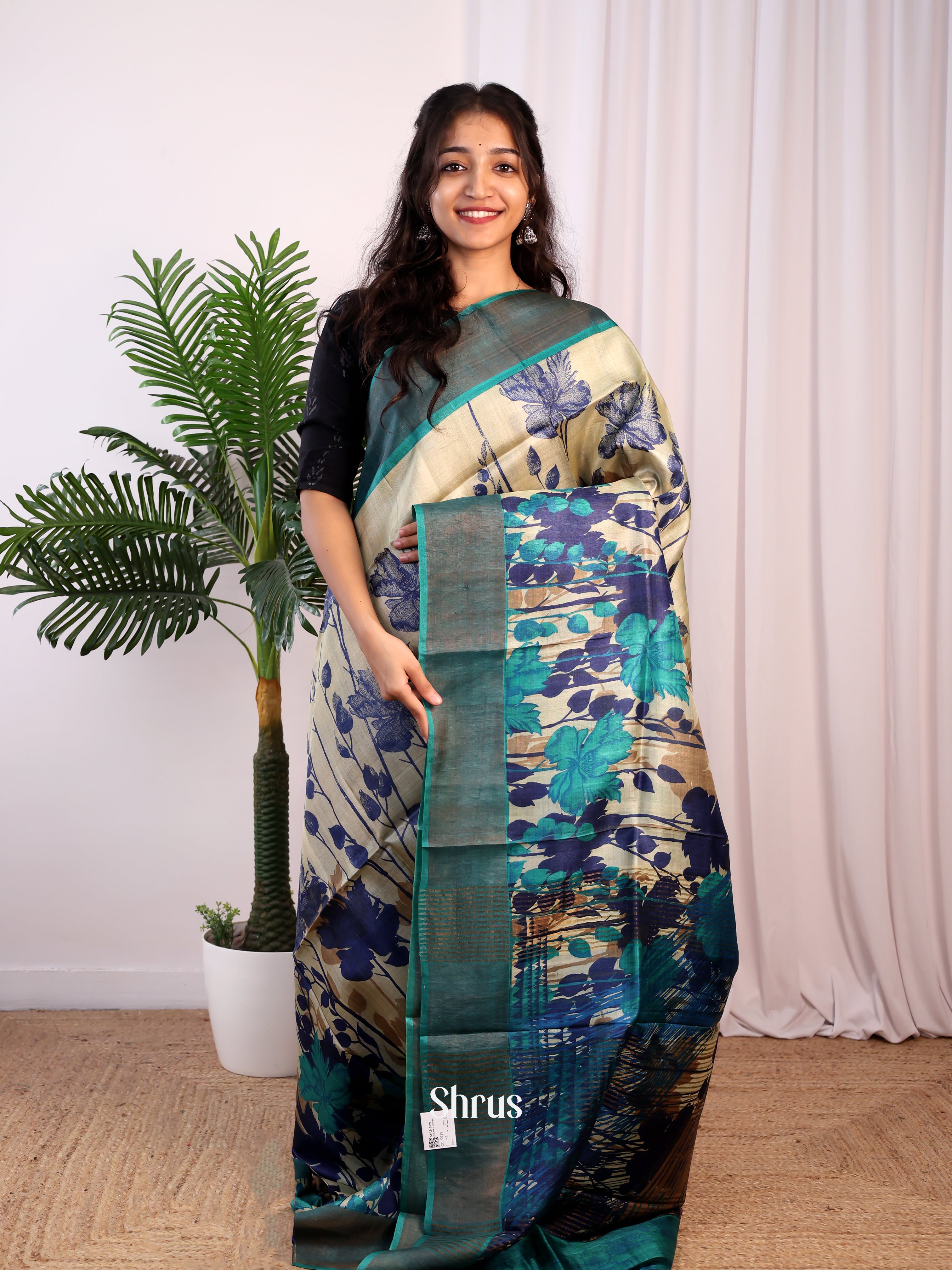 Cream & Blue - Tussar Saree