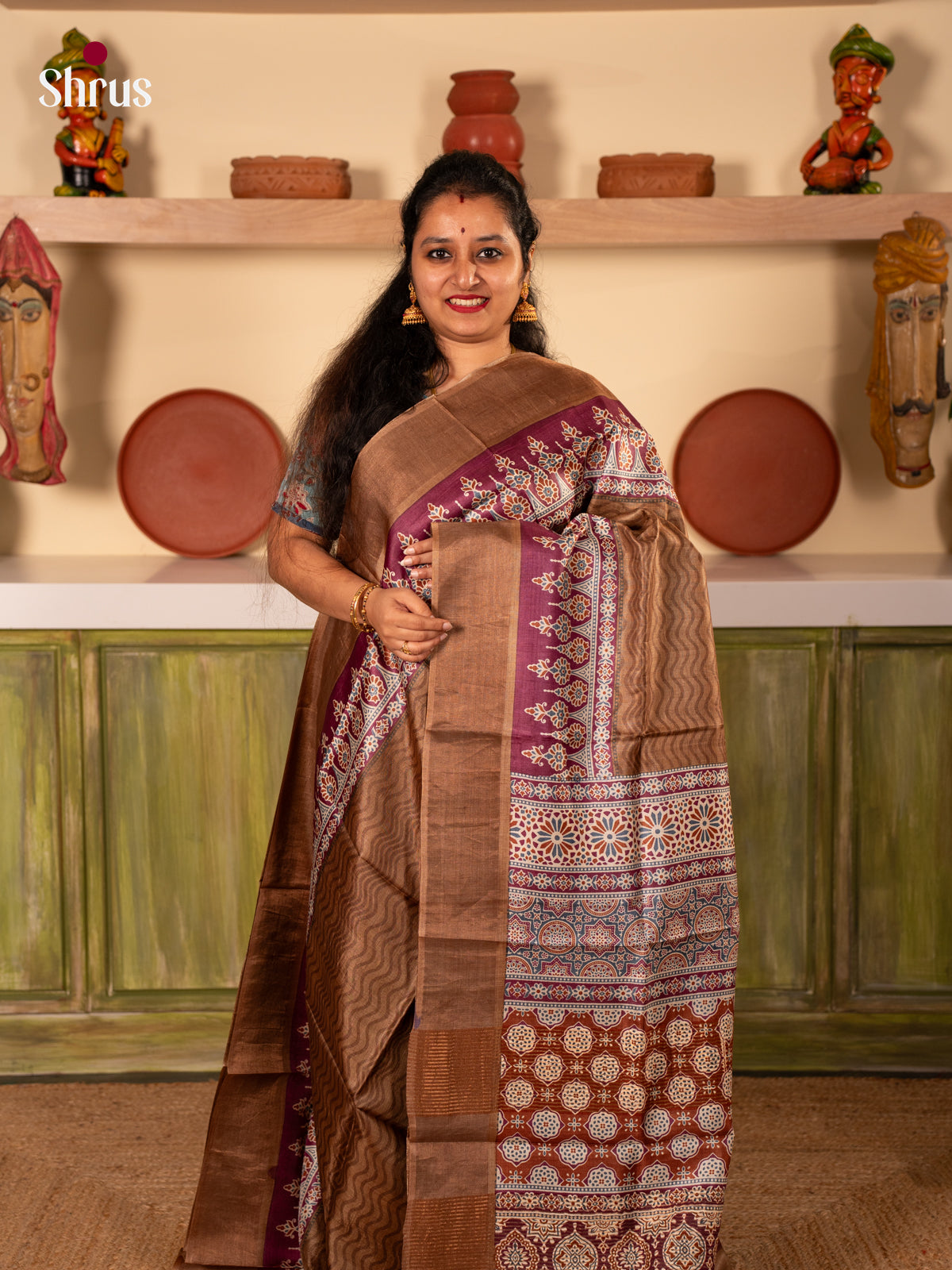 Brown & Maroon - Tussar Saree