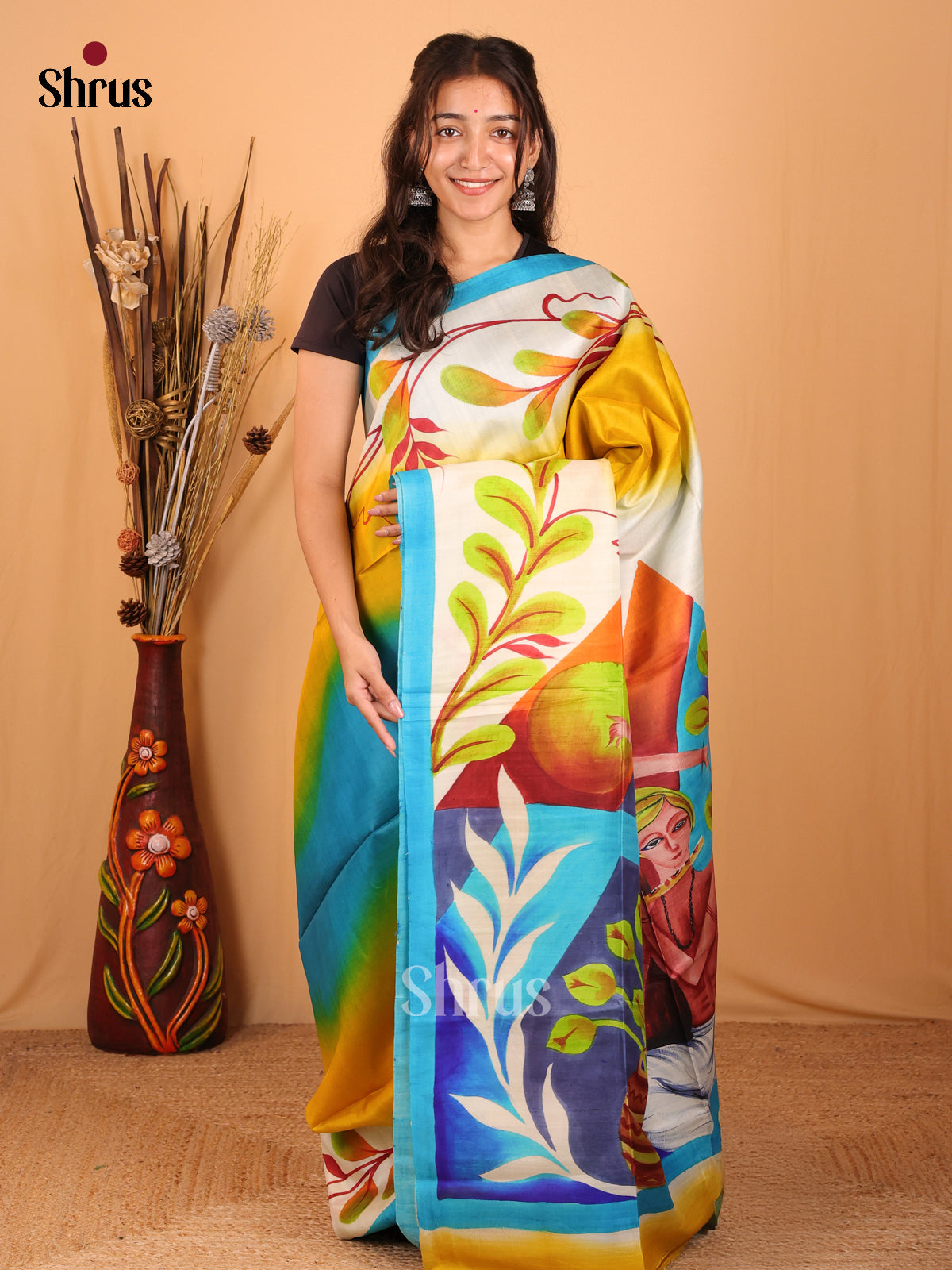 Blue & Yellow - Murshidabad Tussar Silk Saree - Shop on Shrus.com