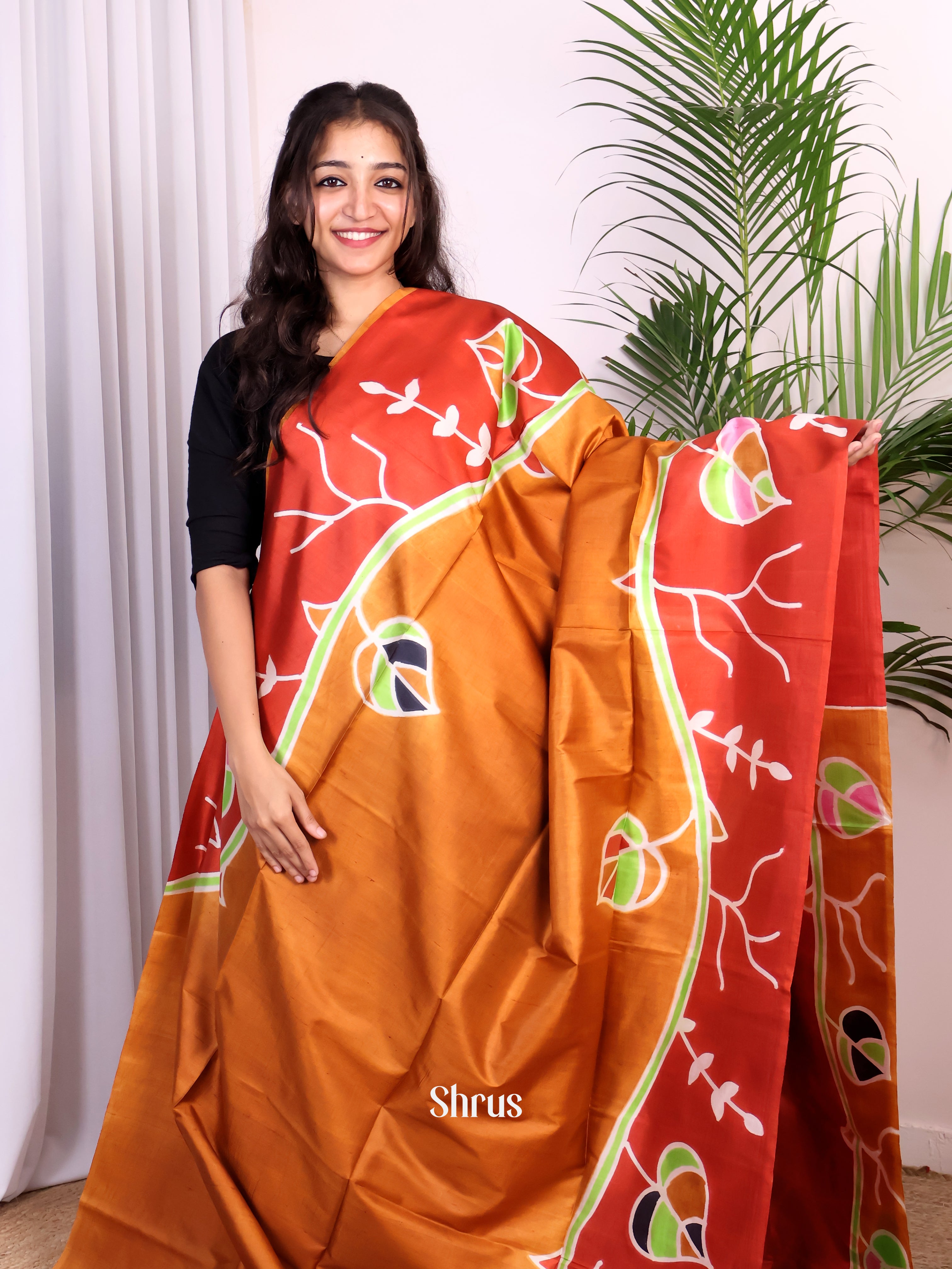 Dark Mustard & red - Murshidabad Silk Saree