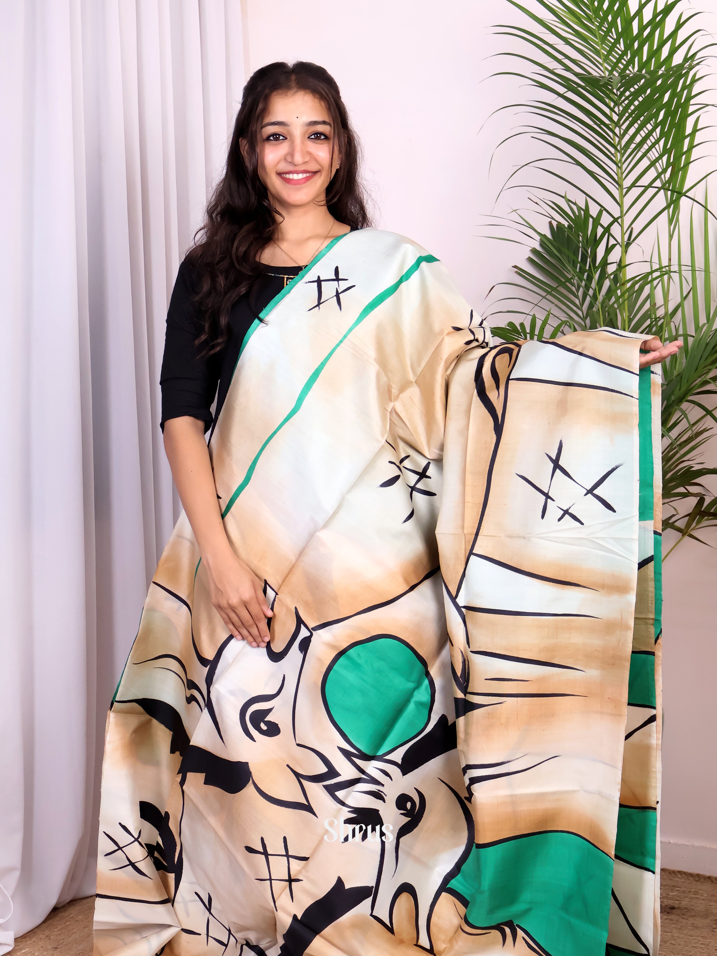 Cream & Green - Murshidabad Silk Saree