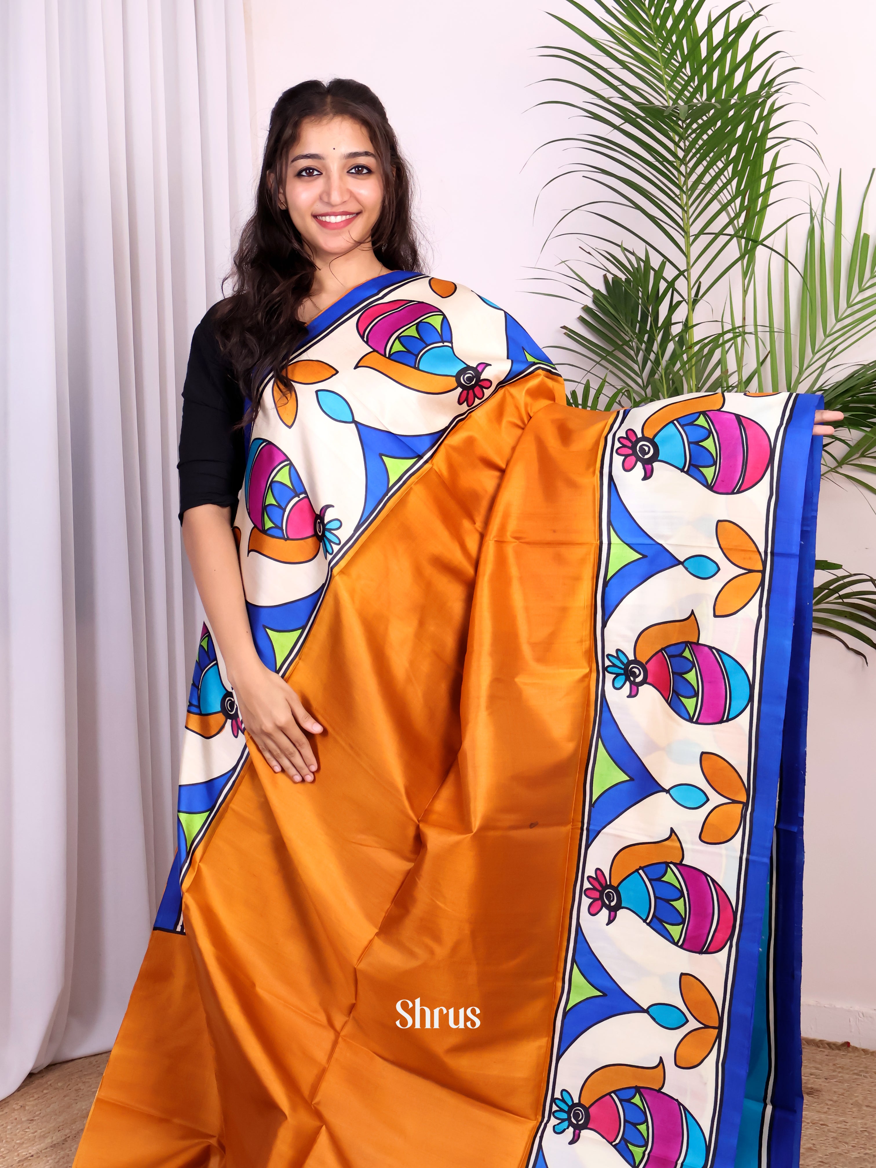 Dark Mustard & Blue - Murshidabad Silk Saree