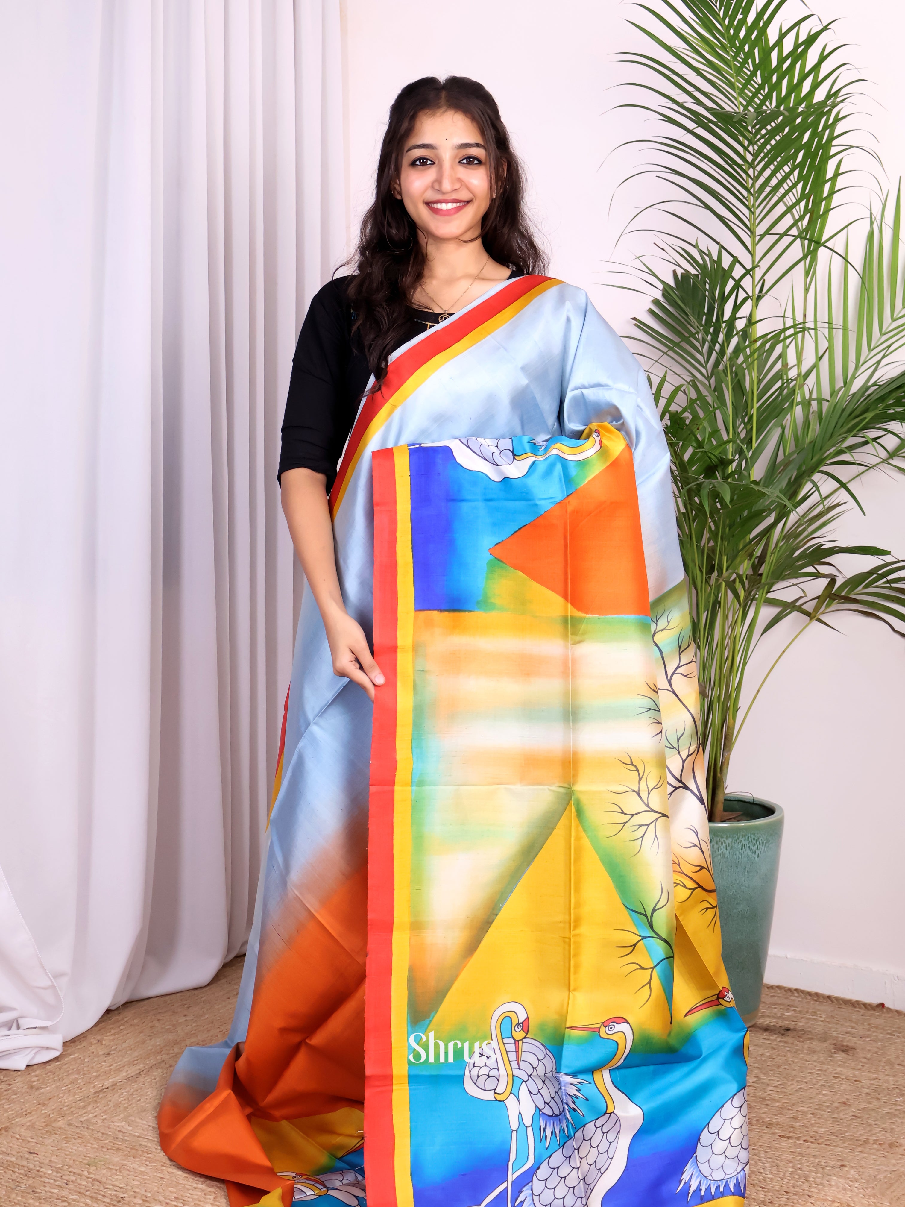 Blue & Orange- Murshidabad Silk Saree