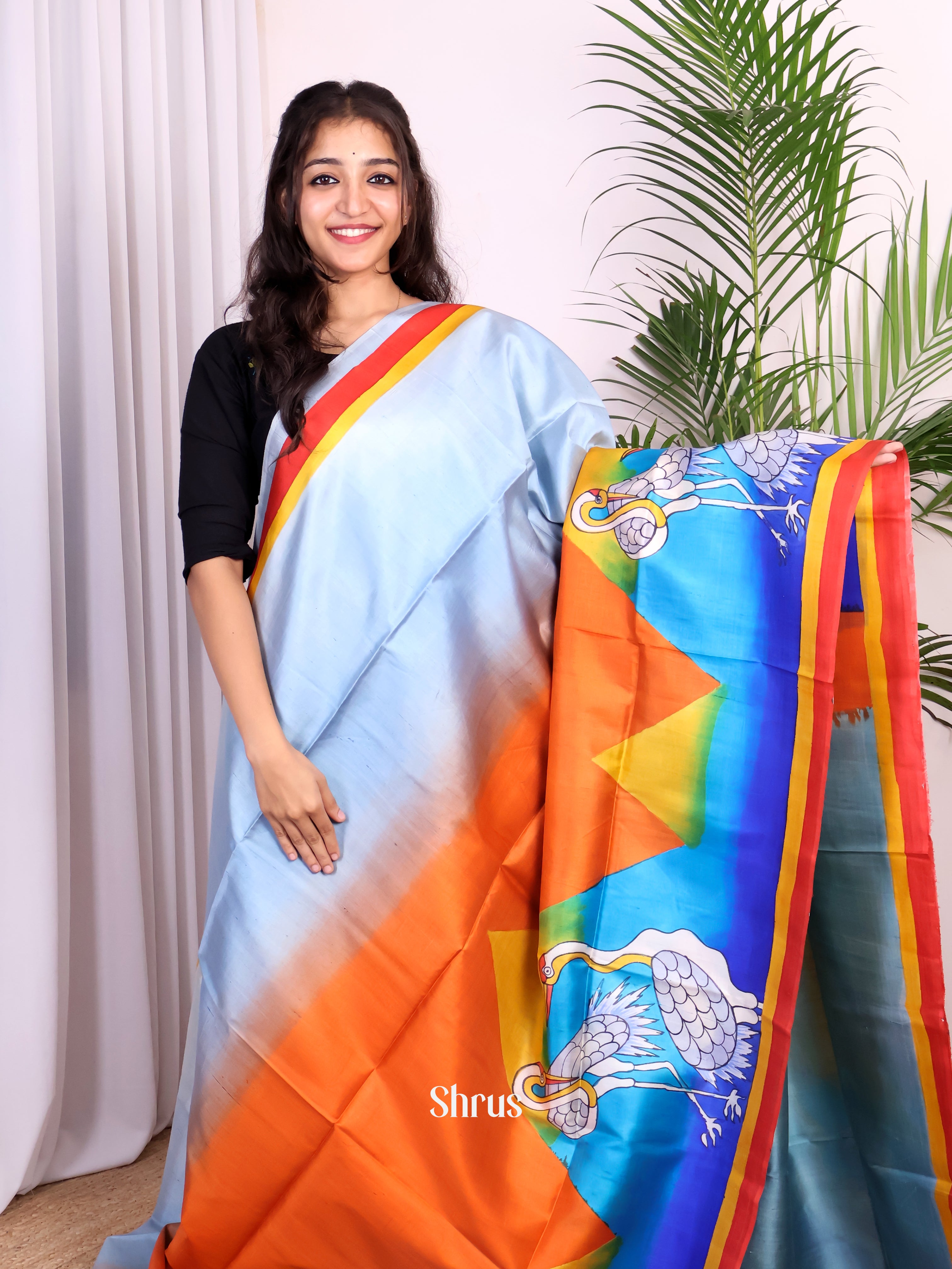 Blue & Orange- Murshidabad Silk Saree